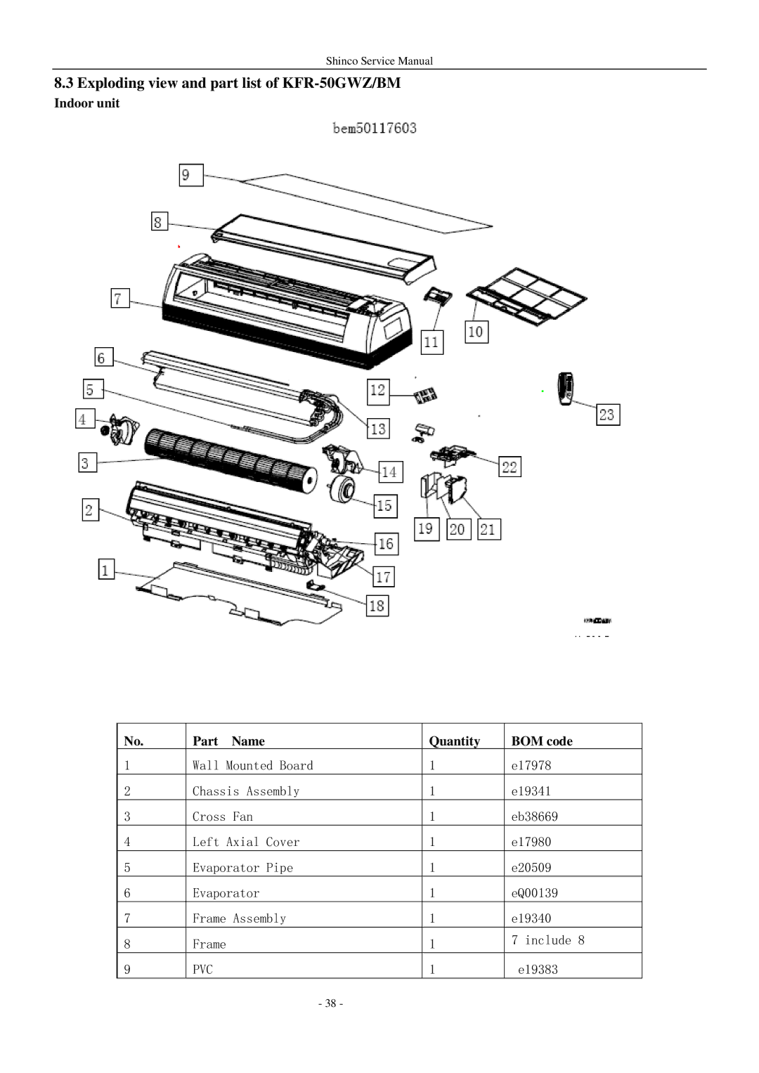 Shinco KFR-25GWZ BM service manual Exploding view and part list of KFR-50GWZ/BM, Indoor unit Part Name Quantity BOM code 