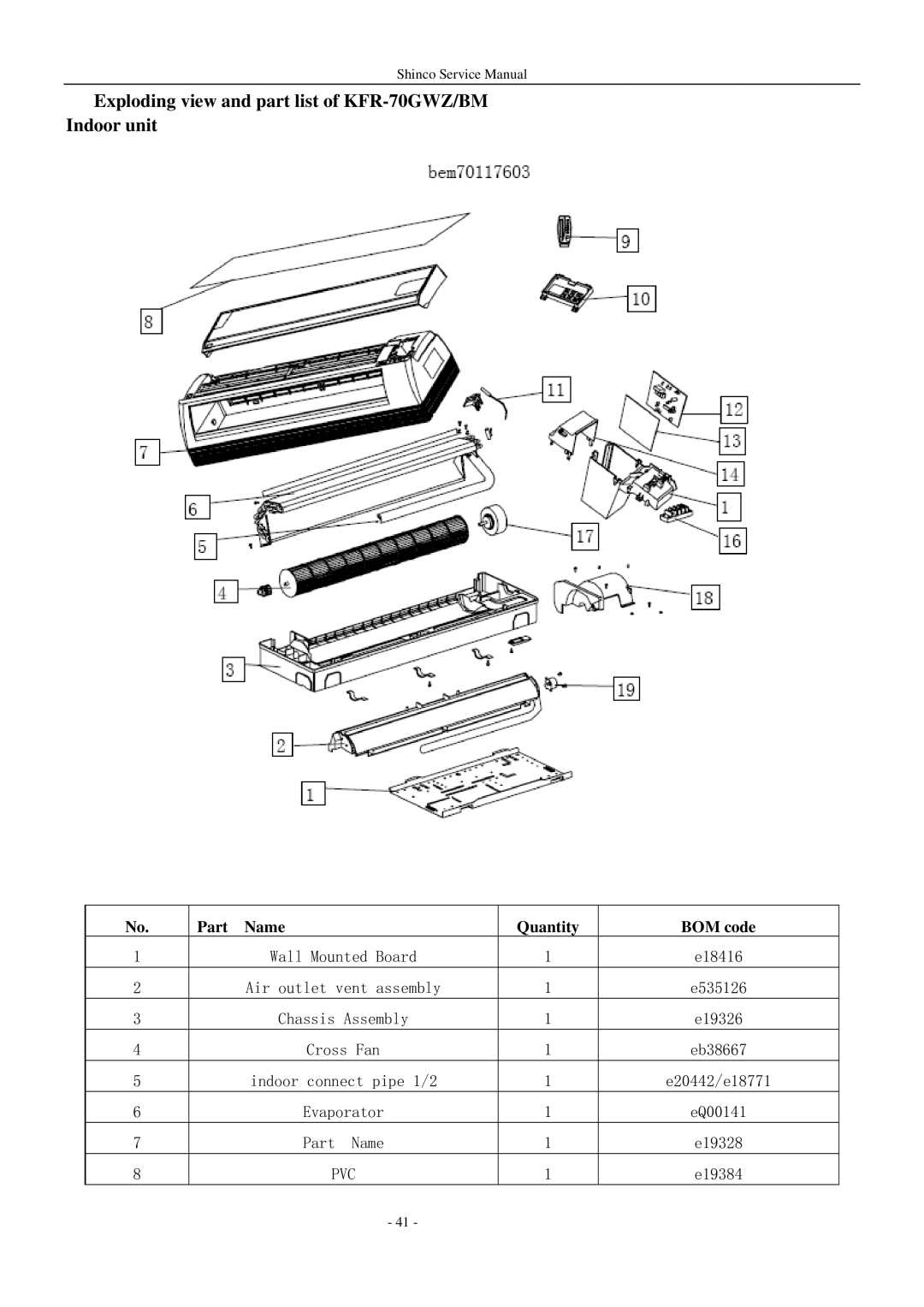 Shinco KFR-25GWZ BM service manual Exploding view and part list of KFR-70GWZ/BM Indoor unit 