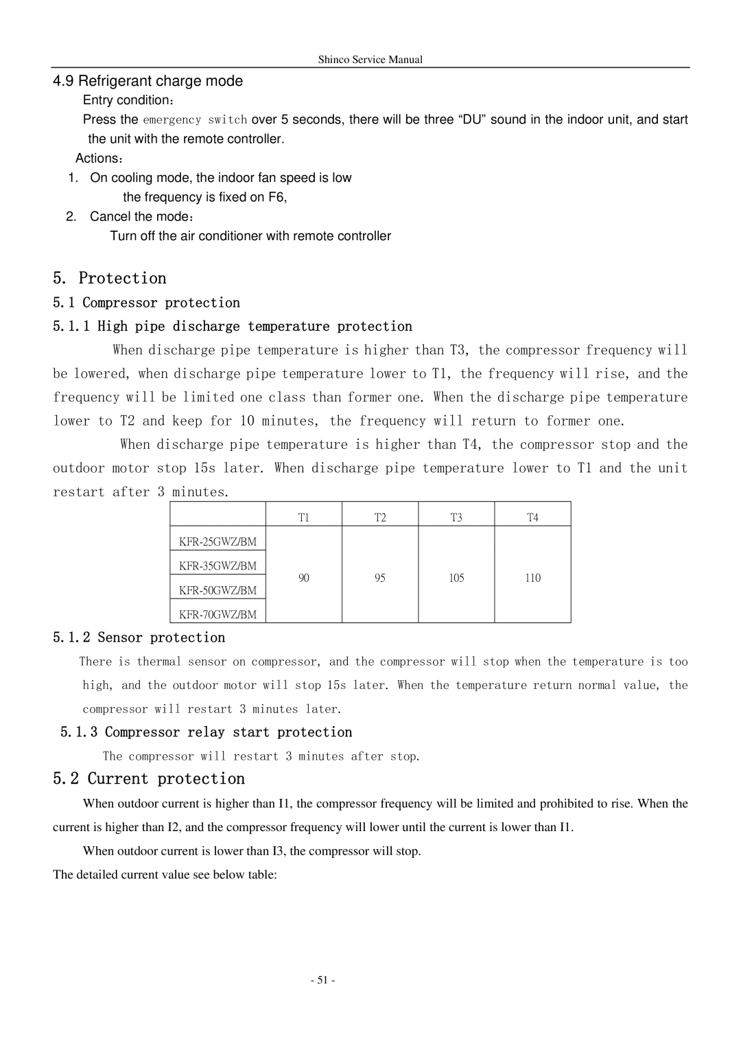 Shinco KFR-25GWZ BM service manual Protection, Refrigerant charge mode 