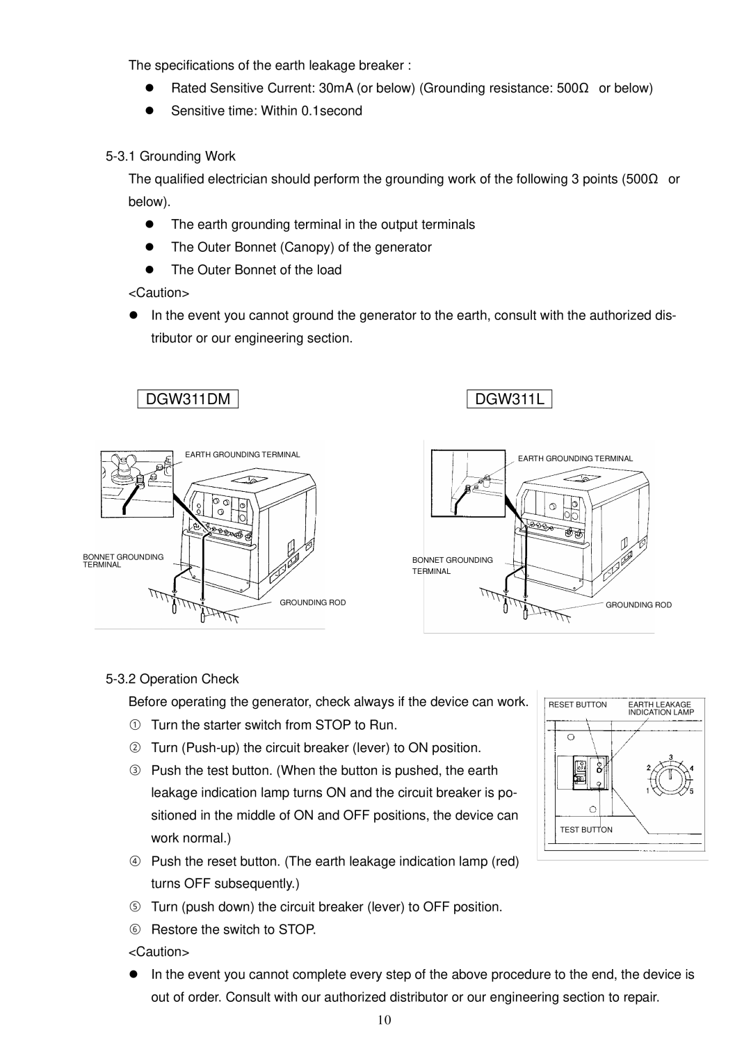 Shindaiwa 4 Cycle Diesel Engine specifications Earth Grounding Terminal Bonnet Grounding Grounding ROD 