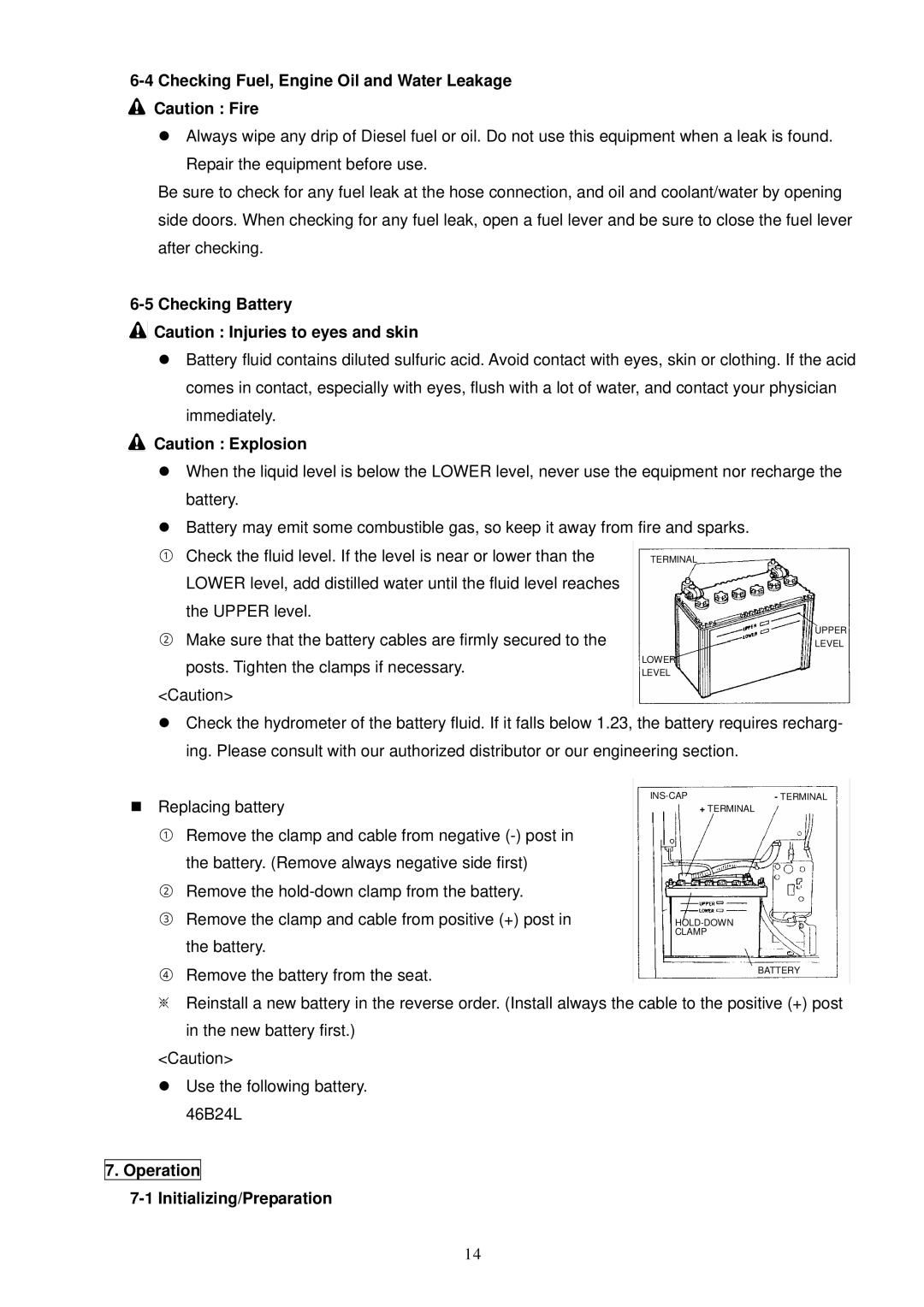 Shindaiwa 4 Cycle Diesel Engine specifications Checking Fuel, Engine Oil and Water Leakage, Checking Battery 