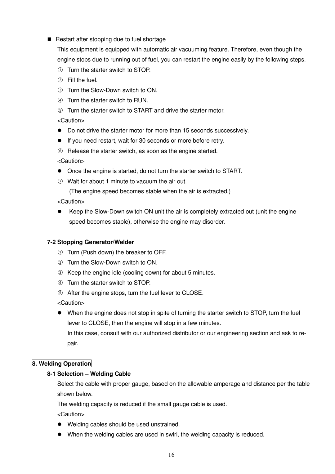 Shindaiwa 4 Cycle Diesel Engine specifications „ Restart after stopping due to fuel shortage, Stopping Generator/Welder 