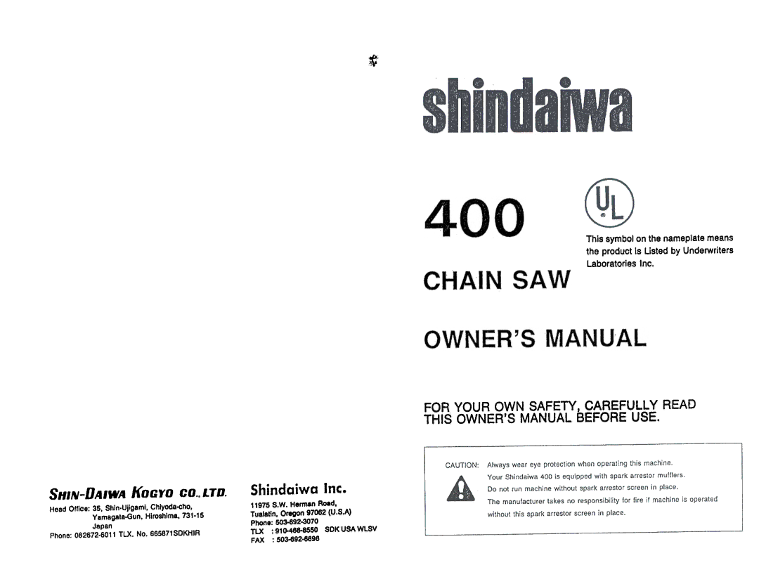 Shindaiwa 400 manual Tn. ~ 