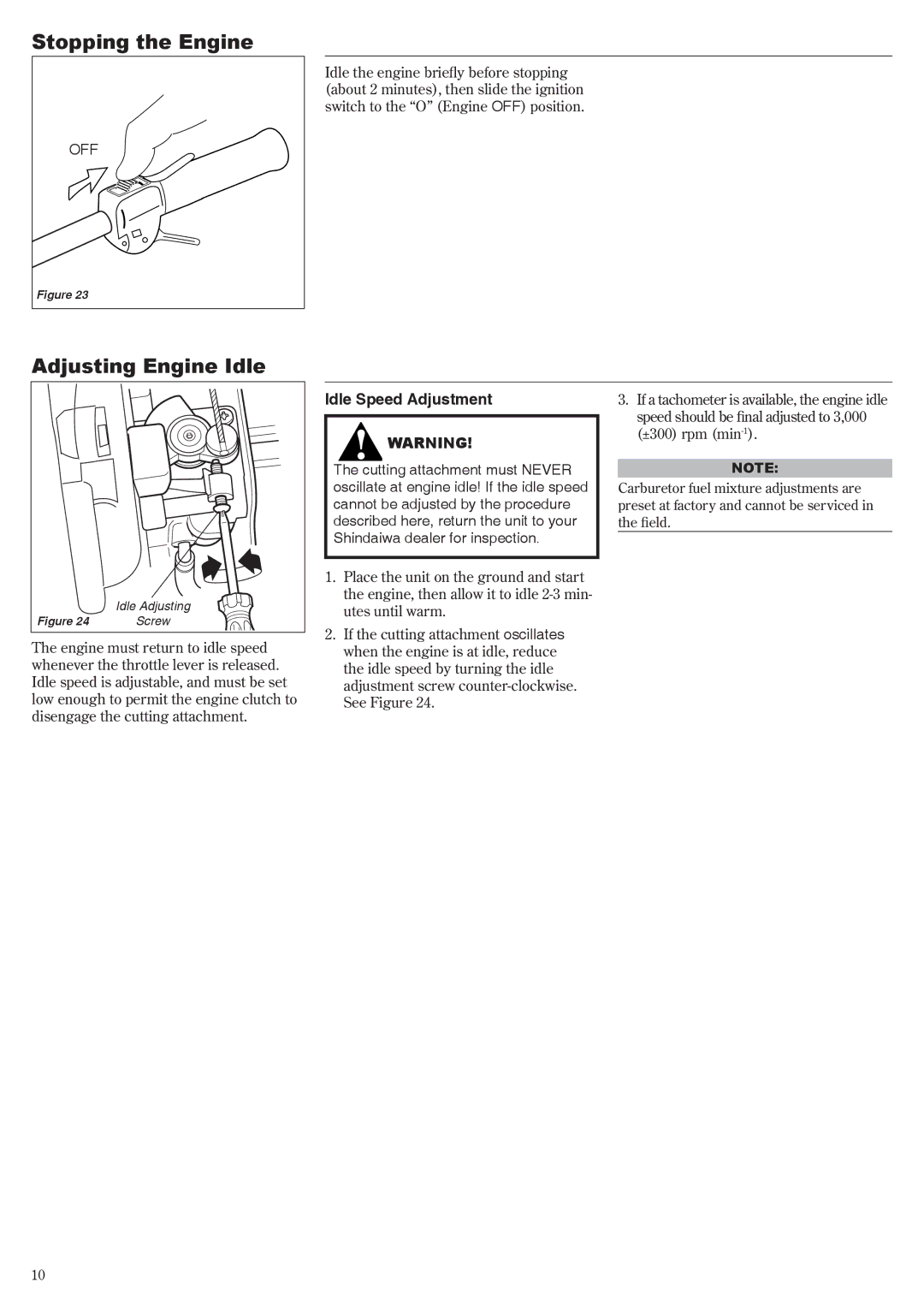 Shindaiwa 62640-94313 manual Stopping the Engine, Adjusting Engine Idle, Idle Speed Adjustment 