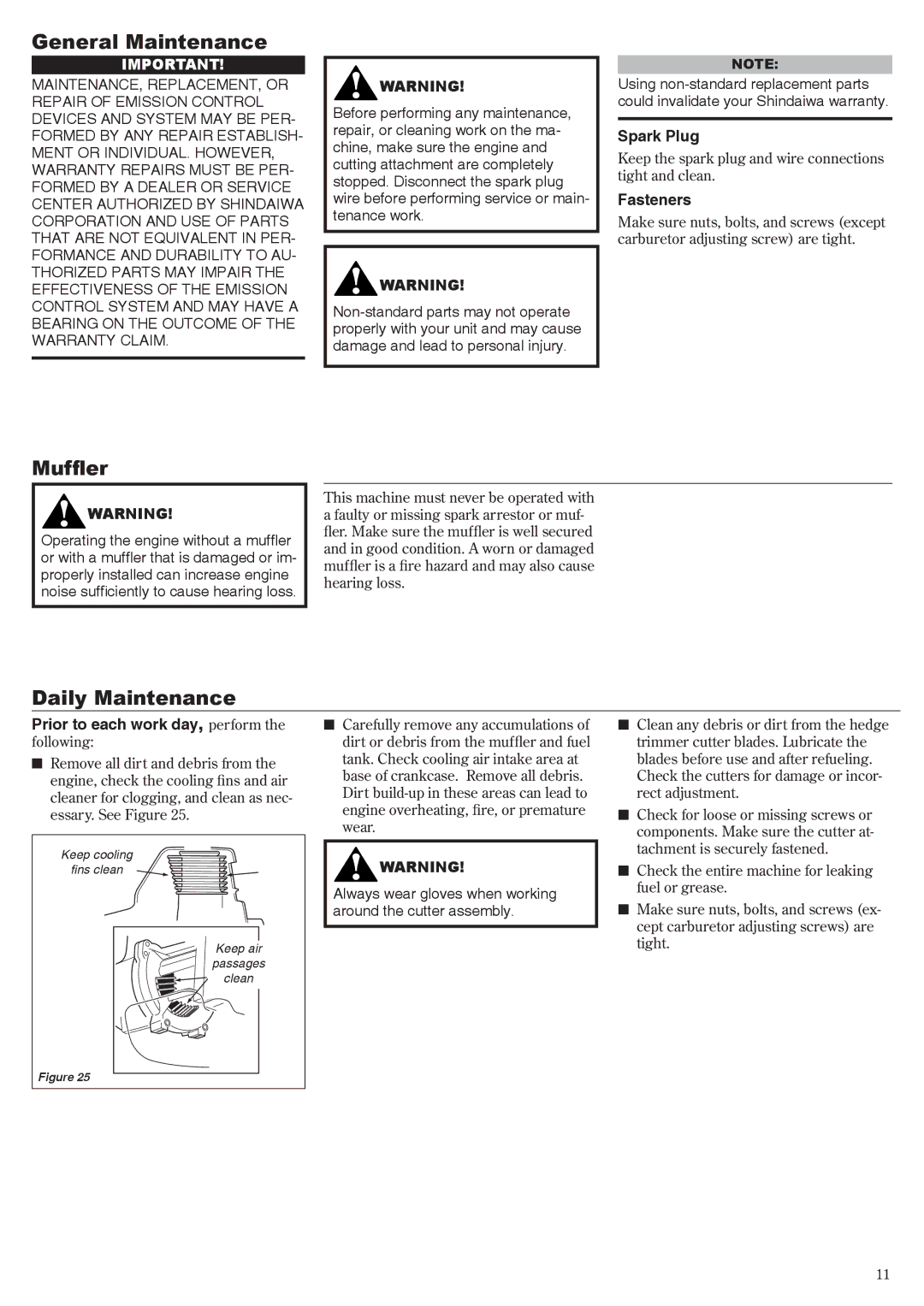 Shindaiwa 62640-94313 manual General Maintenance, Muffler, Daily Maintenance, Spark Plug, Fasteners 