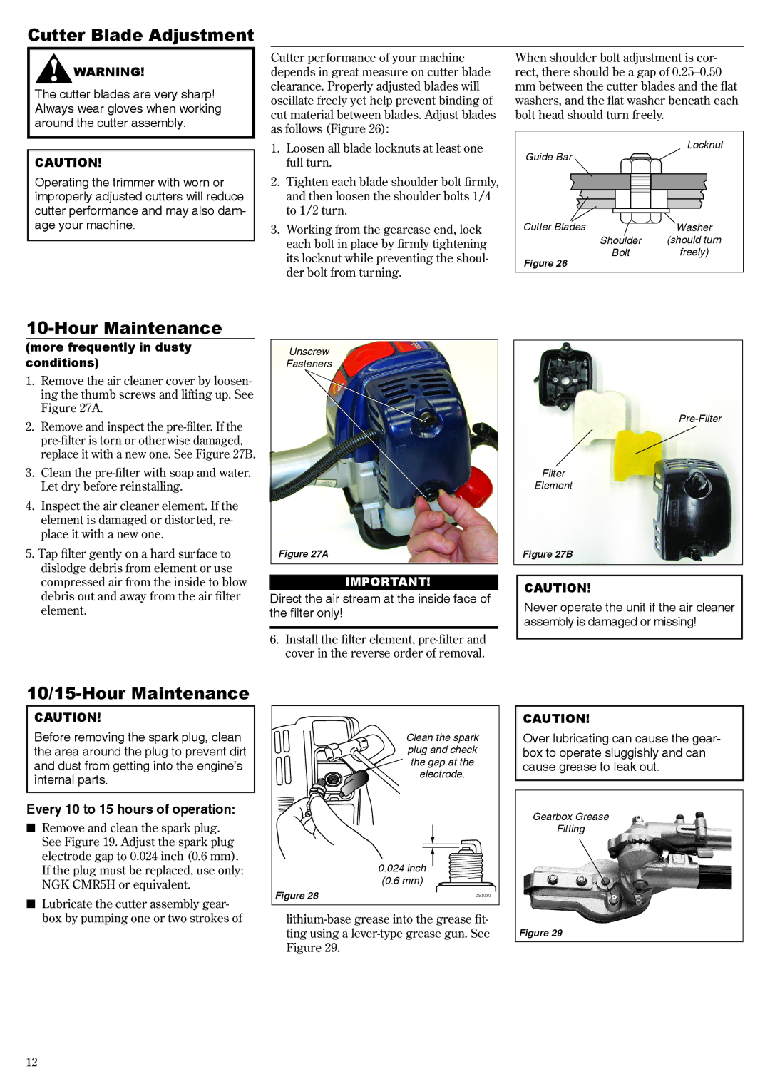 Shindaiwa 62640-94313 manual Cutter Blade Adjustment, 10/15-Hour Maintenance, Every 10 to 15 hours of operation 