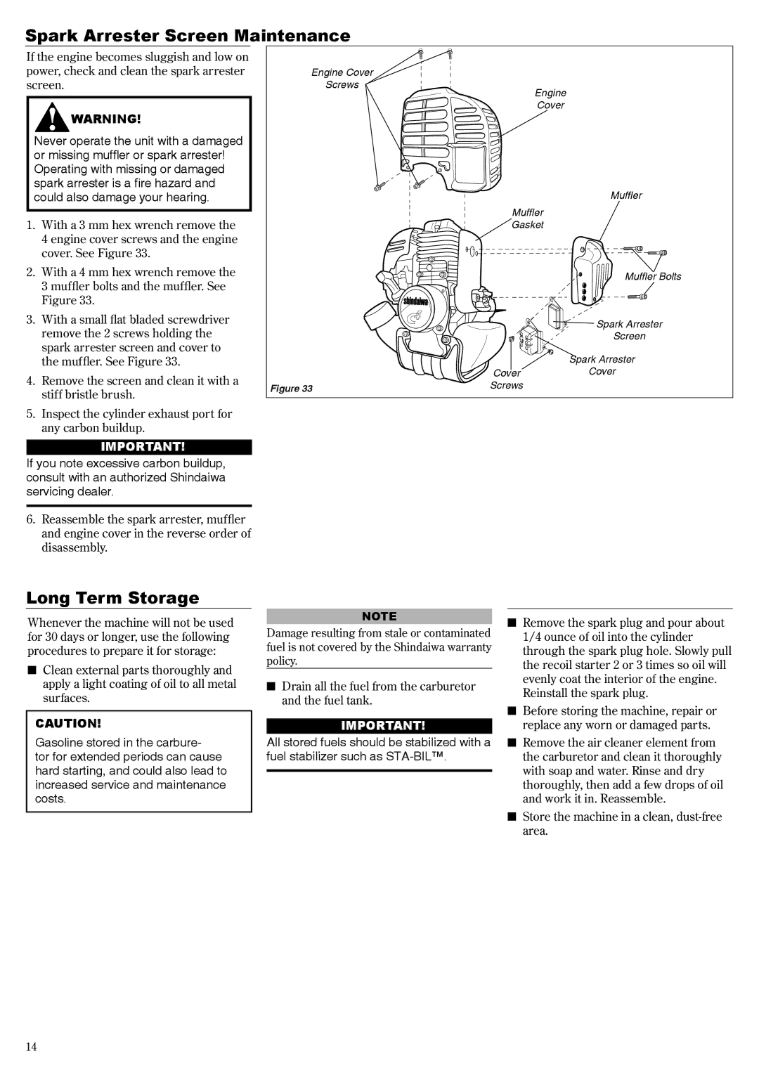 Shindaiwa 62640-94313 manual Spark Arrester Screen Maintenance, Long Term Storage 