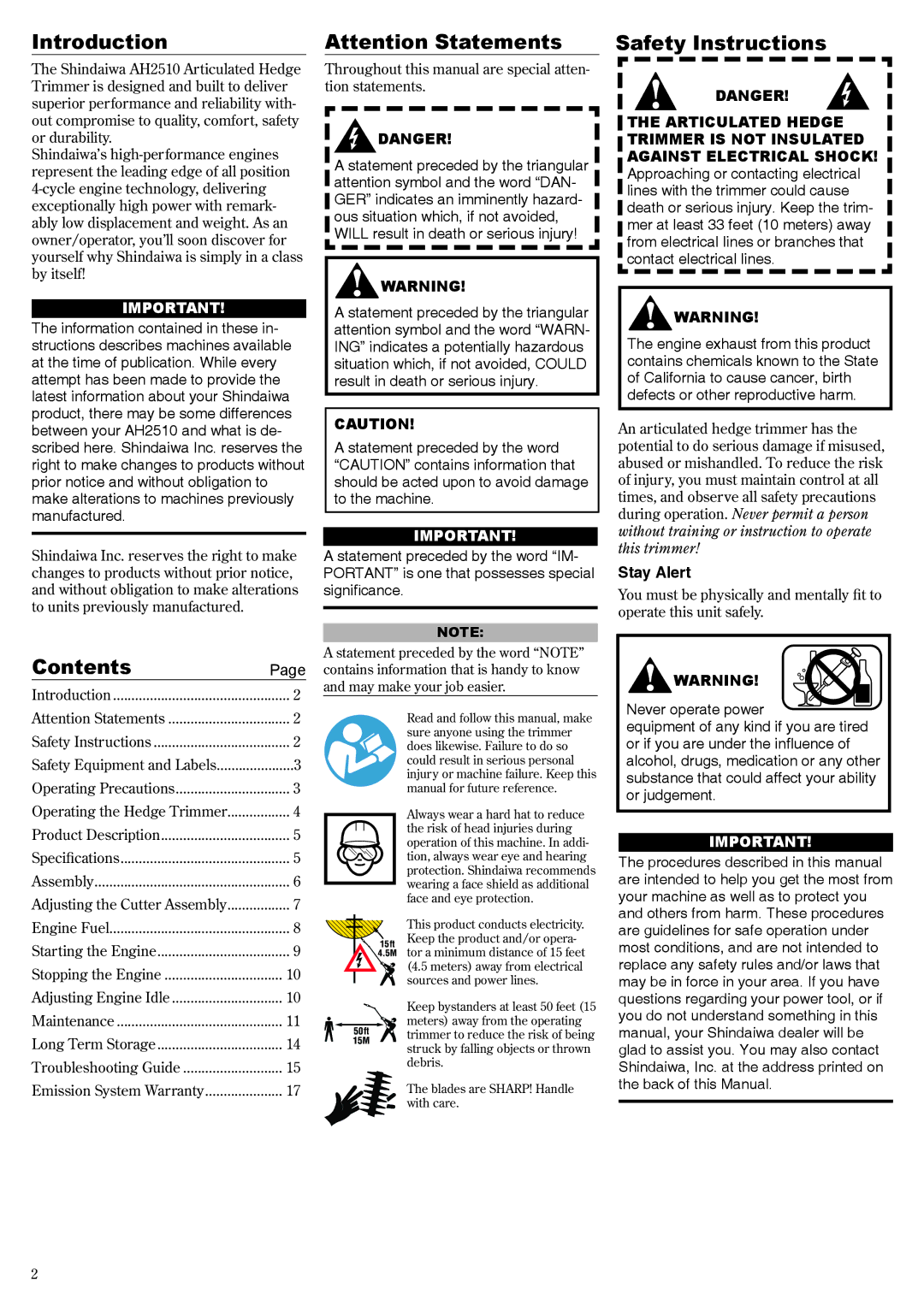 Shindaiwa 62640-94313 manual Introduction, Contents, Safety Instructions 