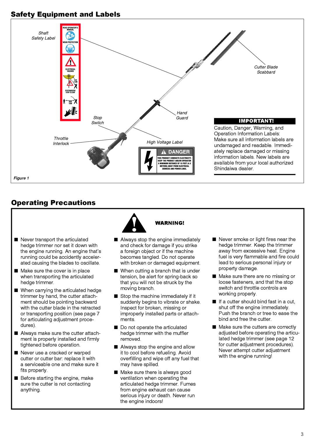 Shindaiwa 62640-94313 manual Safety Equipment and Labels, Operating Precautions 