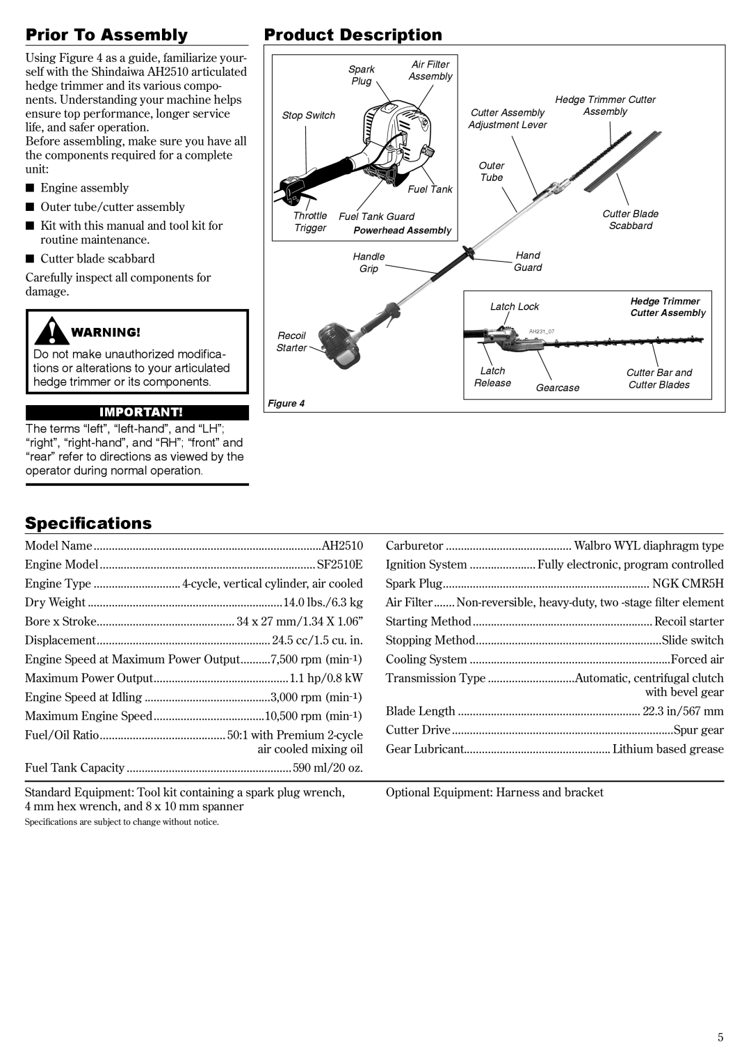 Shindaiwa 62640-94313 manual Prior To Assembly, Product Description, Specifications 