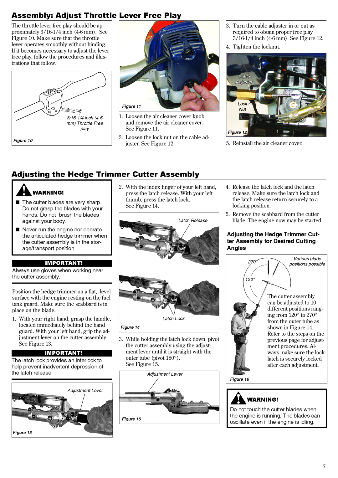 Shindaiwa 62640-94313 manual Assembly Adjust Throttle Lever Free Play, Adjusting the Hedge Trimmer Cutter Assembly 