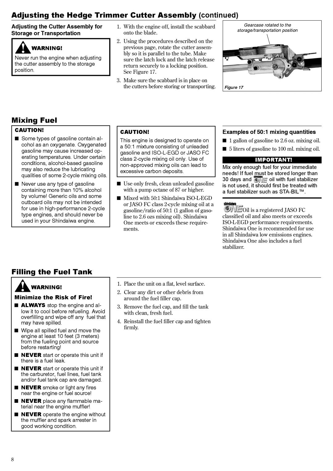 Shindaiwa 62640-94313 Mixing Fuel, Filling the Fuel Tank, Adjusting the Cutter Assembly for Storage or Transportation 