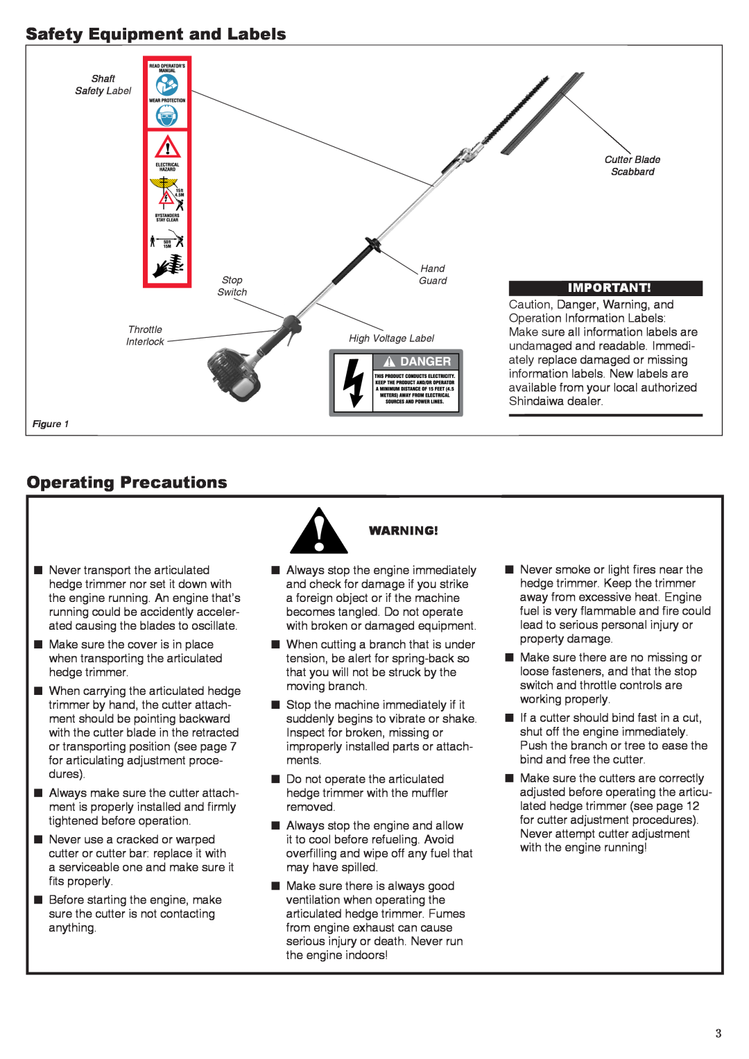 Shindaiwa 62640-94313 manual Safety Equipment and Labels, Operating Precautions, Shaft Safety Label Hand StopGuard Switch 