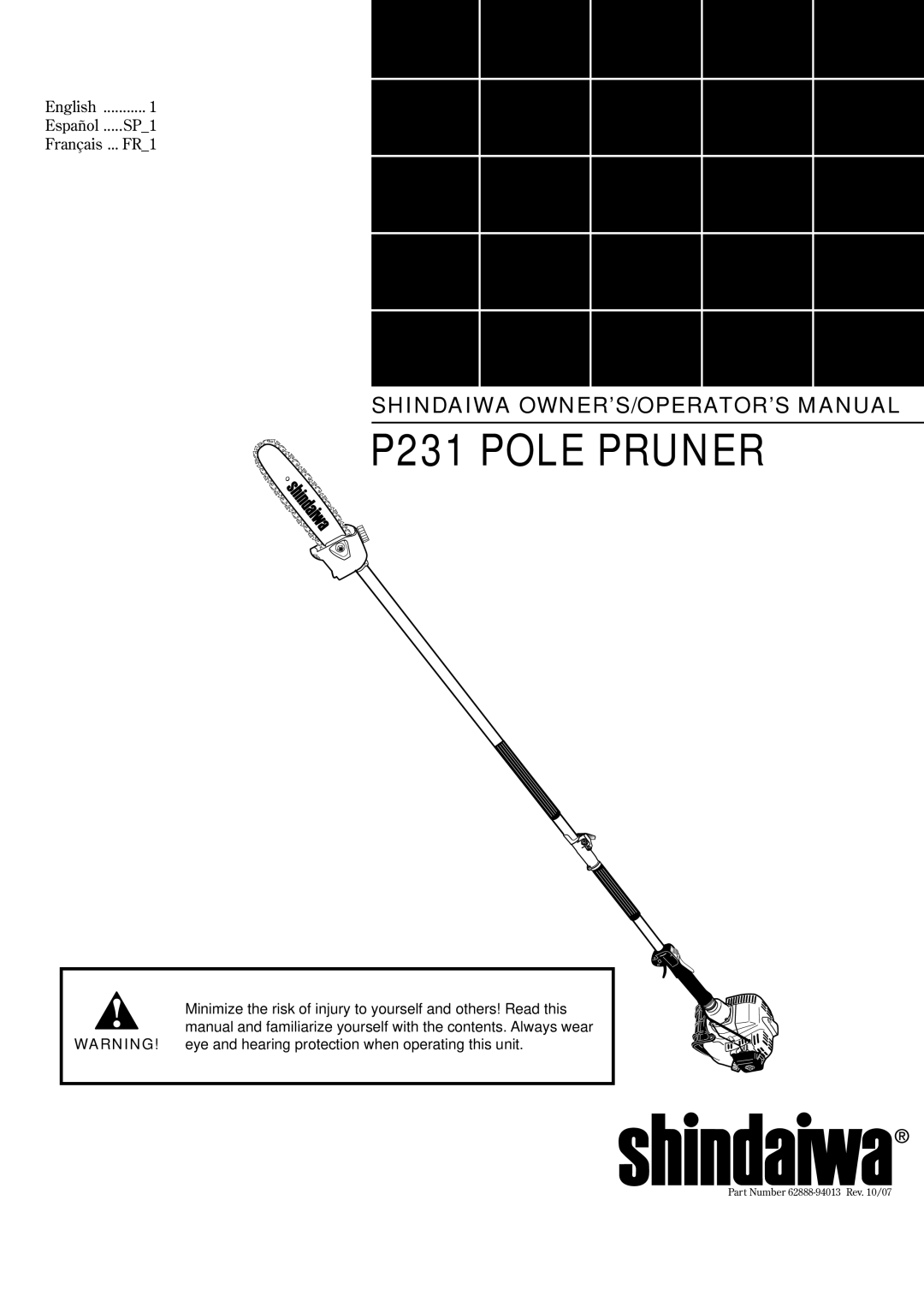 Shindaiwa 62888-94013 manual P231 Pole Pruner, Español SP1 Français FR1 