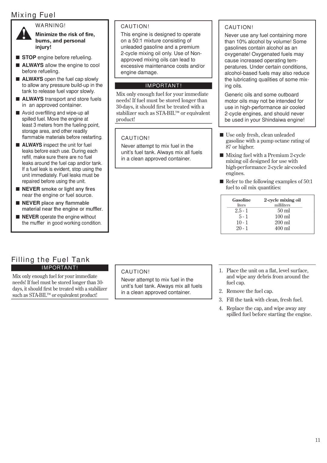 Shindaiwa P231, 62888-94013 manual Mixing Fuel, Filling the Fuel Tank, Minimize the risk of fire, burns, and personal injury 