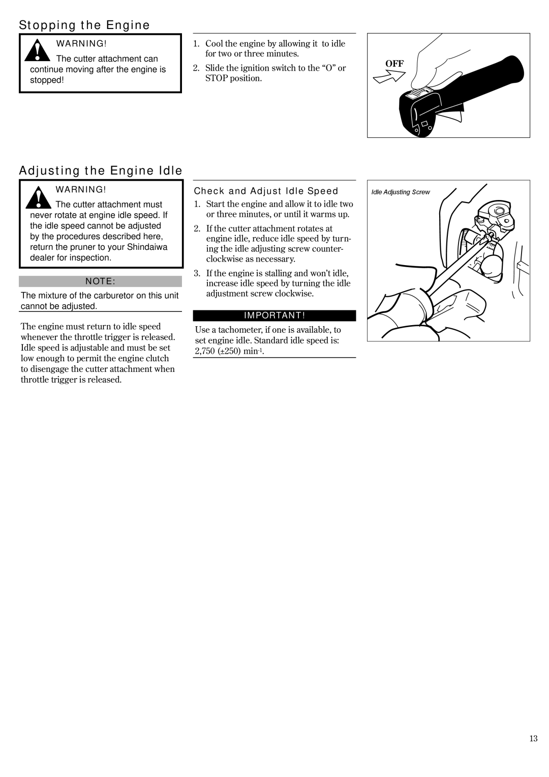 Shindaiwa P231, 62888-94013 manual Stopping the Engine, Adjusting the Engine Idle, Check and Adjust Idle Speed 