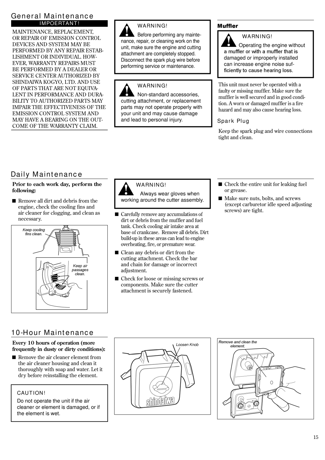 Shindaiwa P231, 62888-94013 manual General Maintenance, Daily Maintenance, Hour Maintenance, Muffler, Spark Plug 