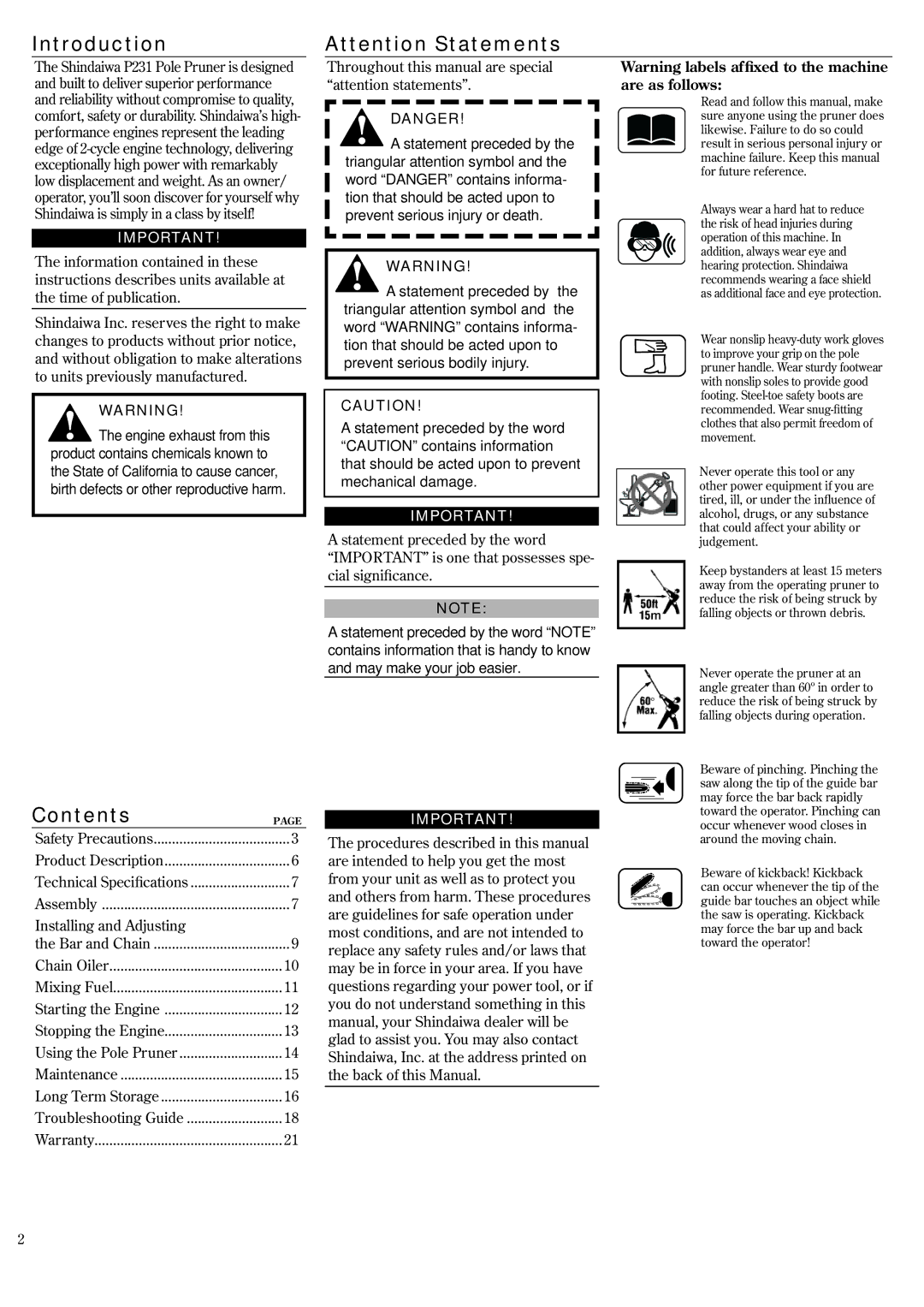 Shindaiwa 62888-94013, P231 manual Introduction, Contents 