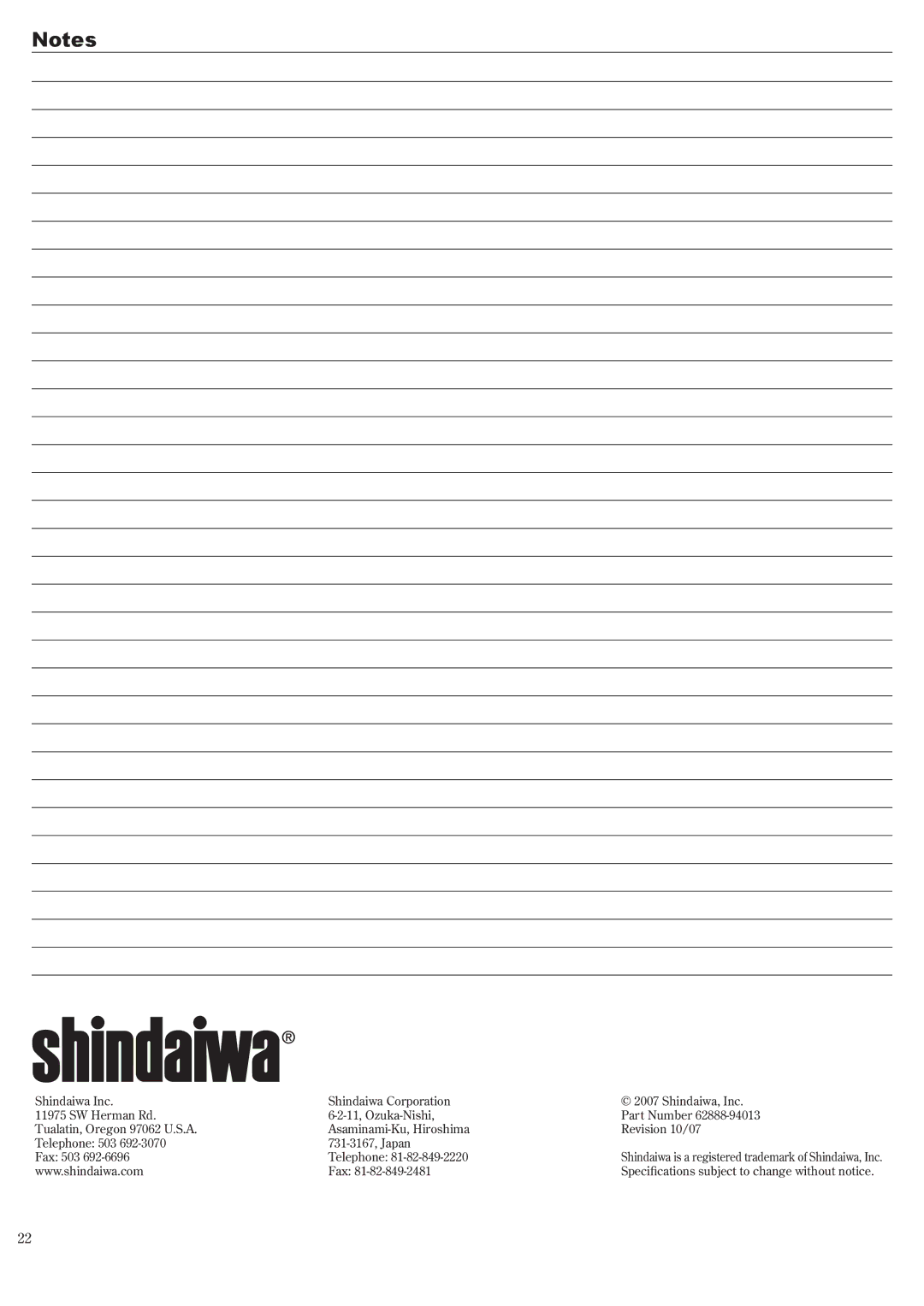 Shindaiwa 62888-94013, P231 manual Fax Specifications subject to change without notice 