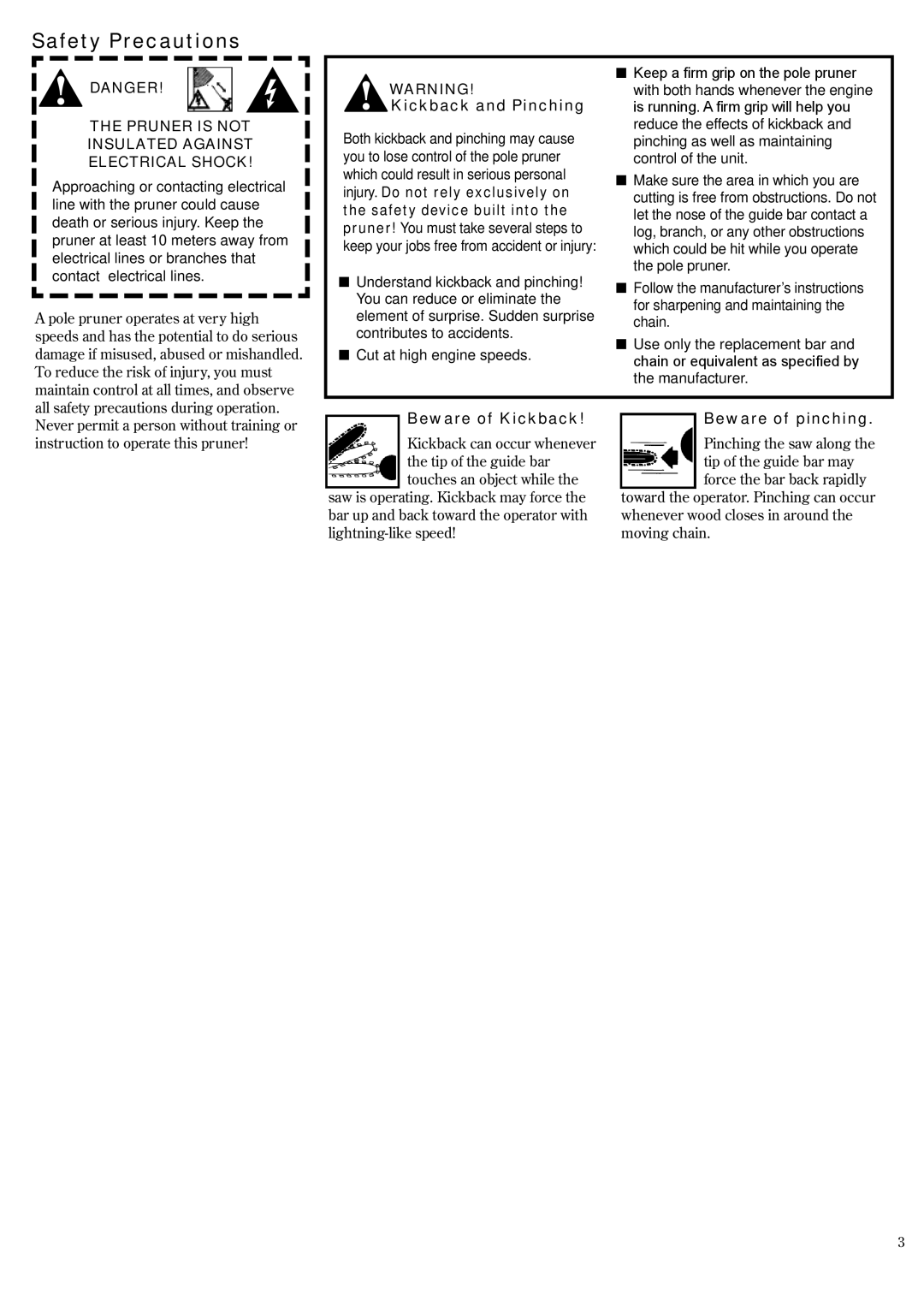 Shindaiwa P231, 62888-94013 manual Safety Precautions, Kickback and Pinching, Beware of Kickback, Beware of pinching 