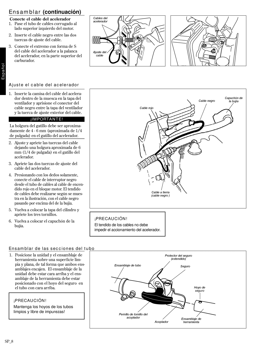 Shindaiwa 62888-94013, P231 manual Ensamblar continuación, Conecte el cable del acelerador, Ajuste el cable del acelerador 