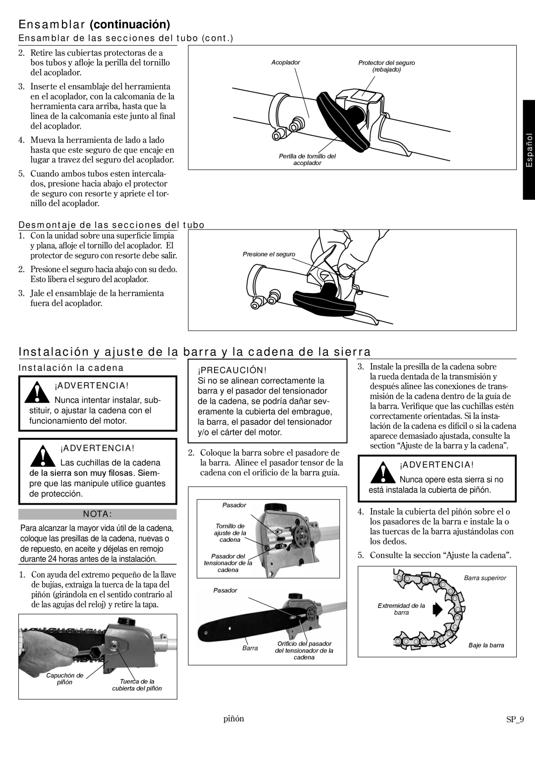 Shindaiwa P231 Instalación y ajuste de la barra y la cadena de la sierra, Desmontaje de las secciones del tubo, Piñón 