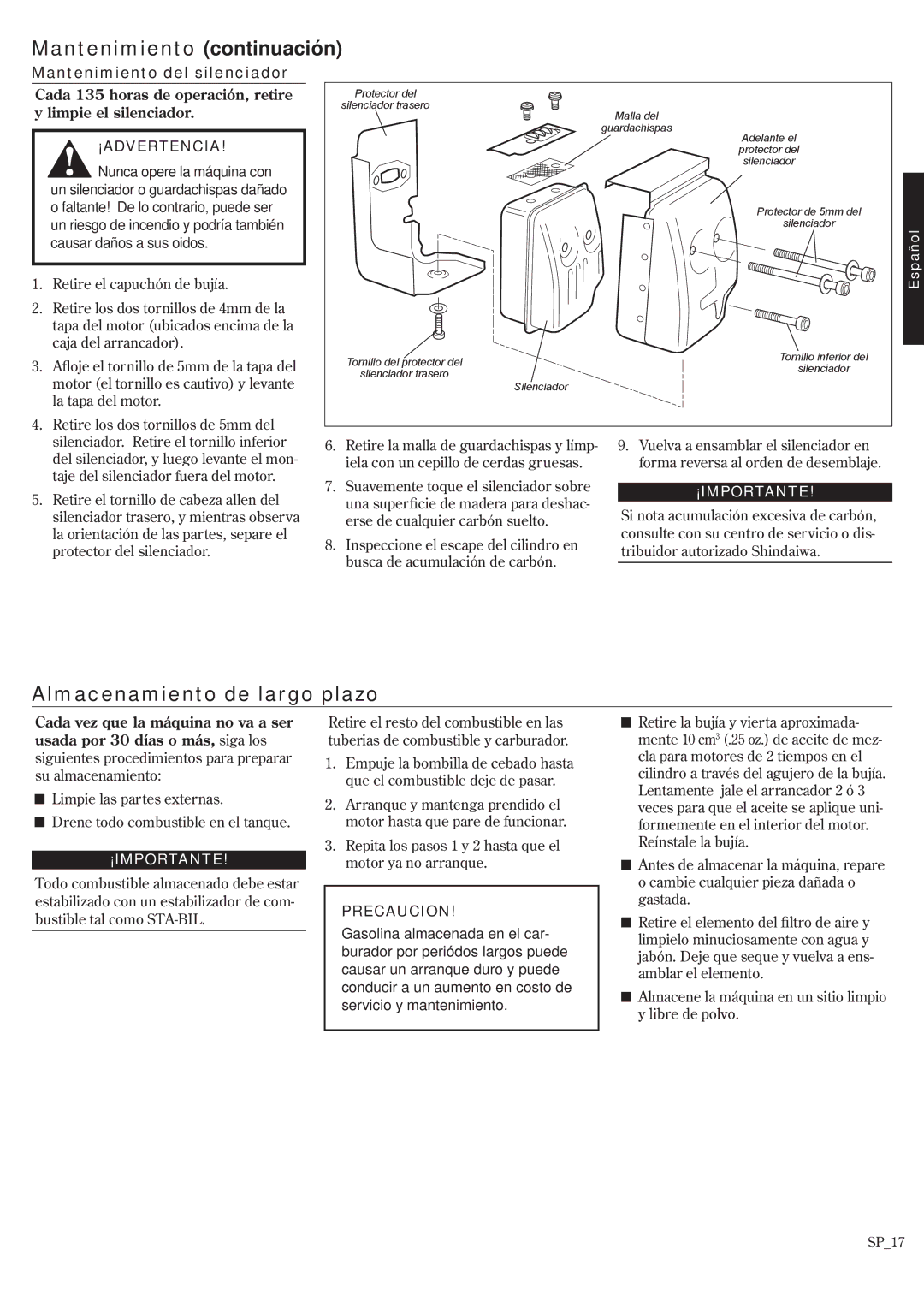 Shindaiwa P231, 62888-94013 manual Almacenamiento de largo plazo, Mantenimiento del silenciador 