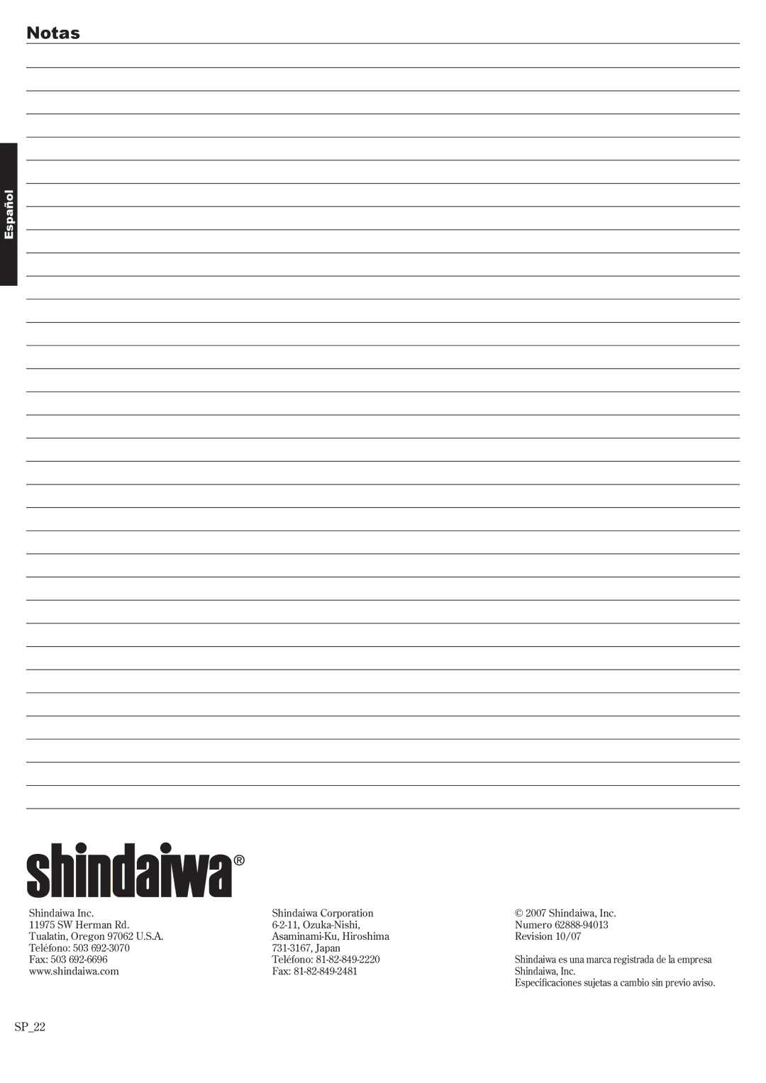 Shindaiwa 62888-94013, P231 manual Notas 