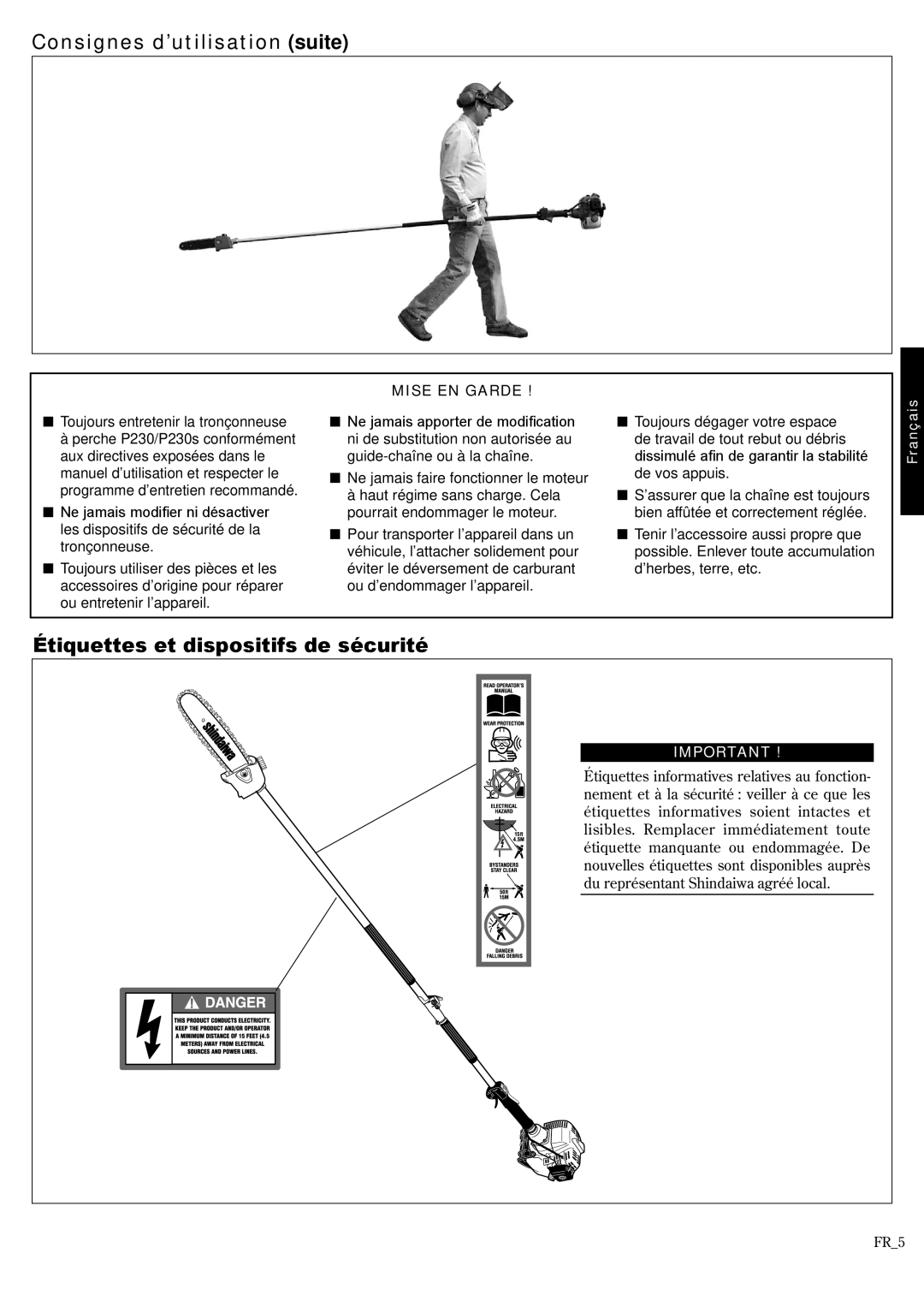 Shindaiwa P231, 62888-94013 manual Consignes d’utilisation suite, Étiquettes et dispositifs de sécurité 