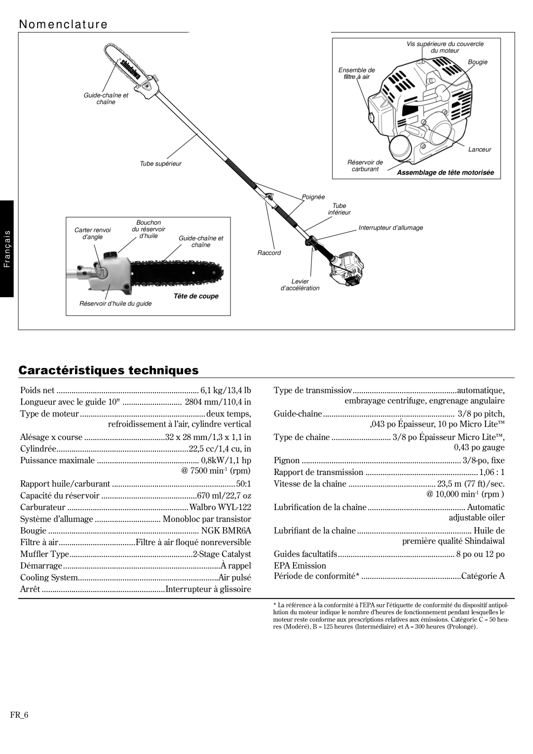 Shindaiwa 62888-94013, P231 manual Caractéristiques techniques 