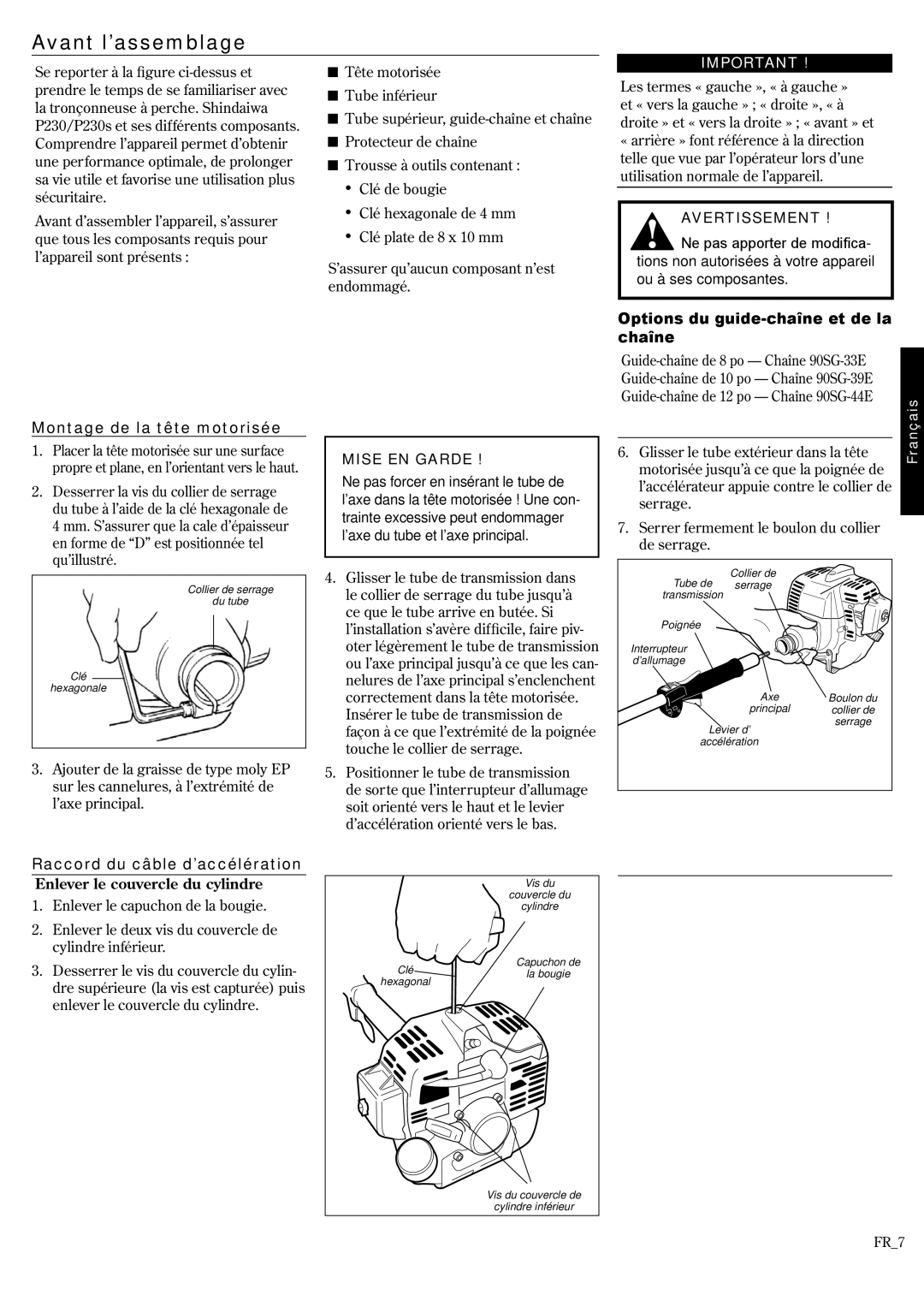 Shindaiwa P231, 62888-94013 manual Avant l’assemblage, Montage de la tête motorisée, Options du guide-chaîne et de la chaîne 