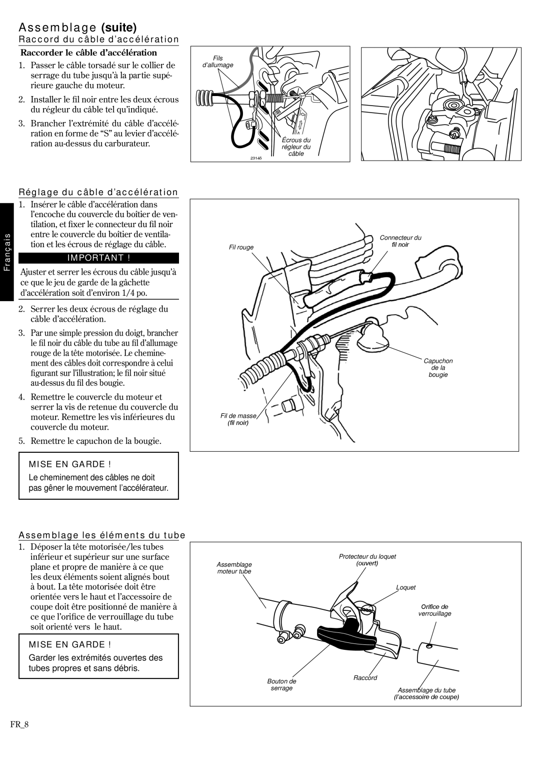 Shindaiwa 62888-94013, P231 manual Assemblage suite, Raccorder le câble d’accélération, Réglage du câble d’accélération 