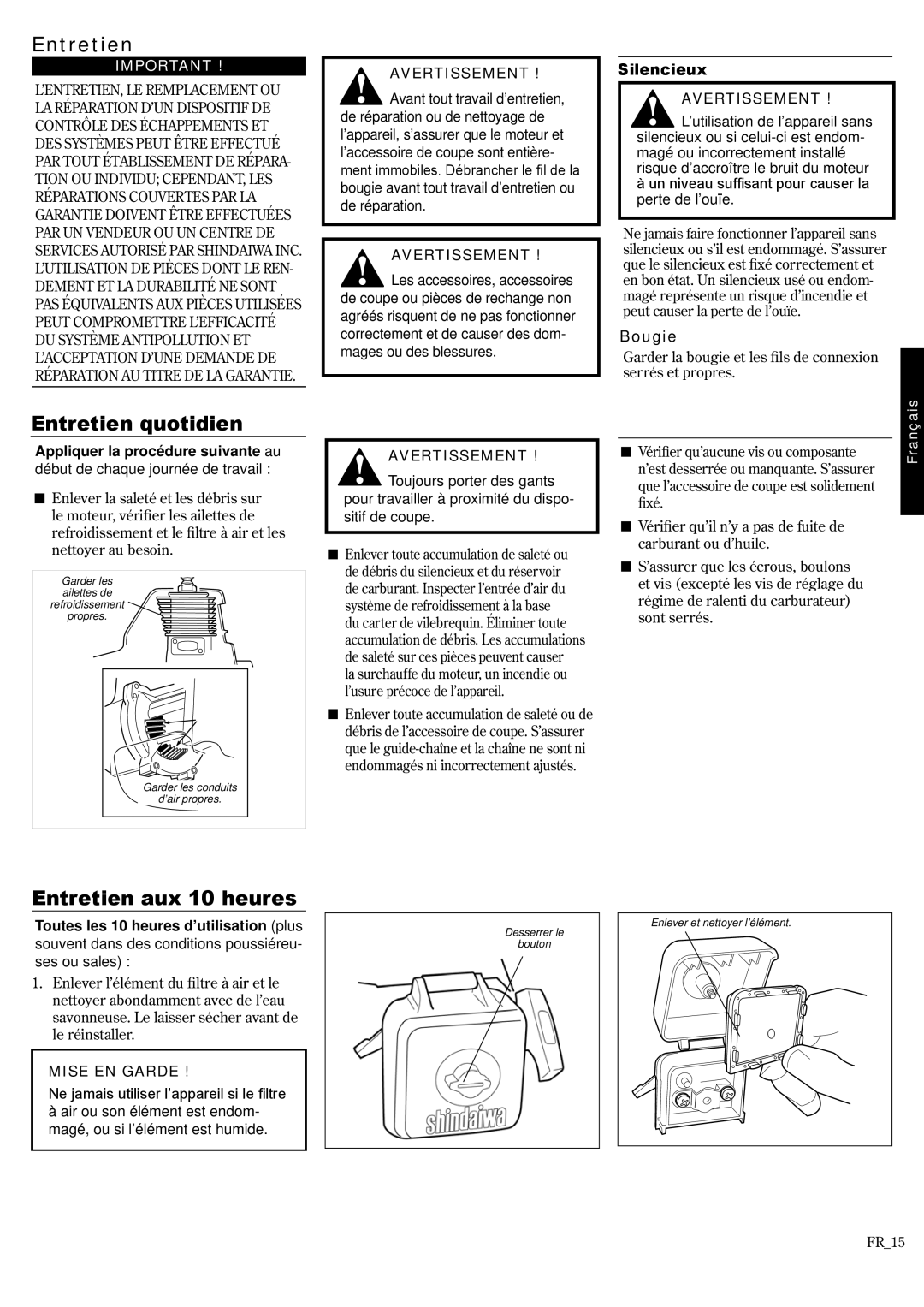 Shindaiwa P231, 62888-94013 manual Entretien quotidien, Entretien aux 10 heures, Silencieux, Bougie 