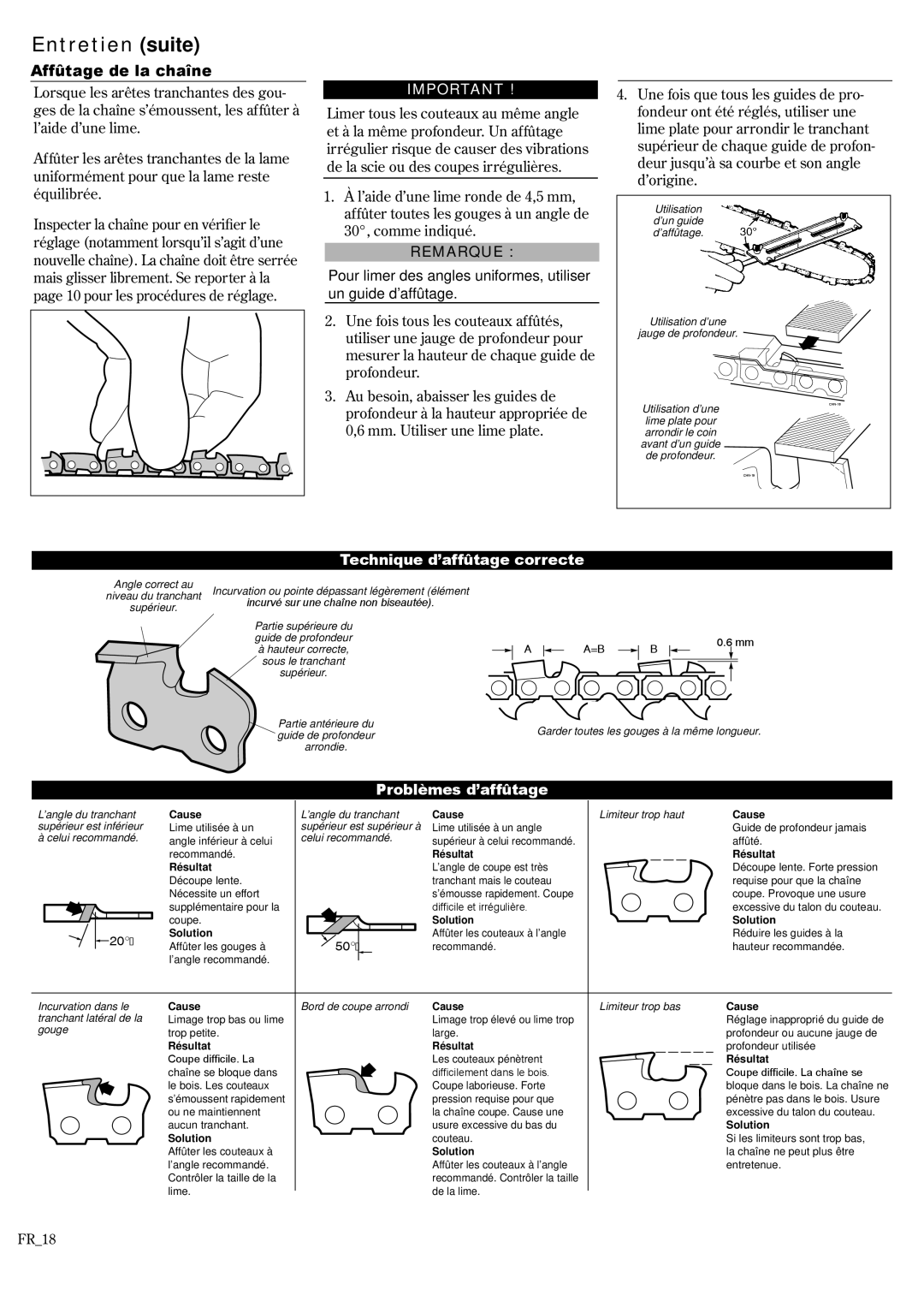 Shindaiwa 62888-94013, P231 manual Affûtage de la chaîne, Technique d’affûtage correcte 