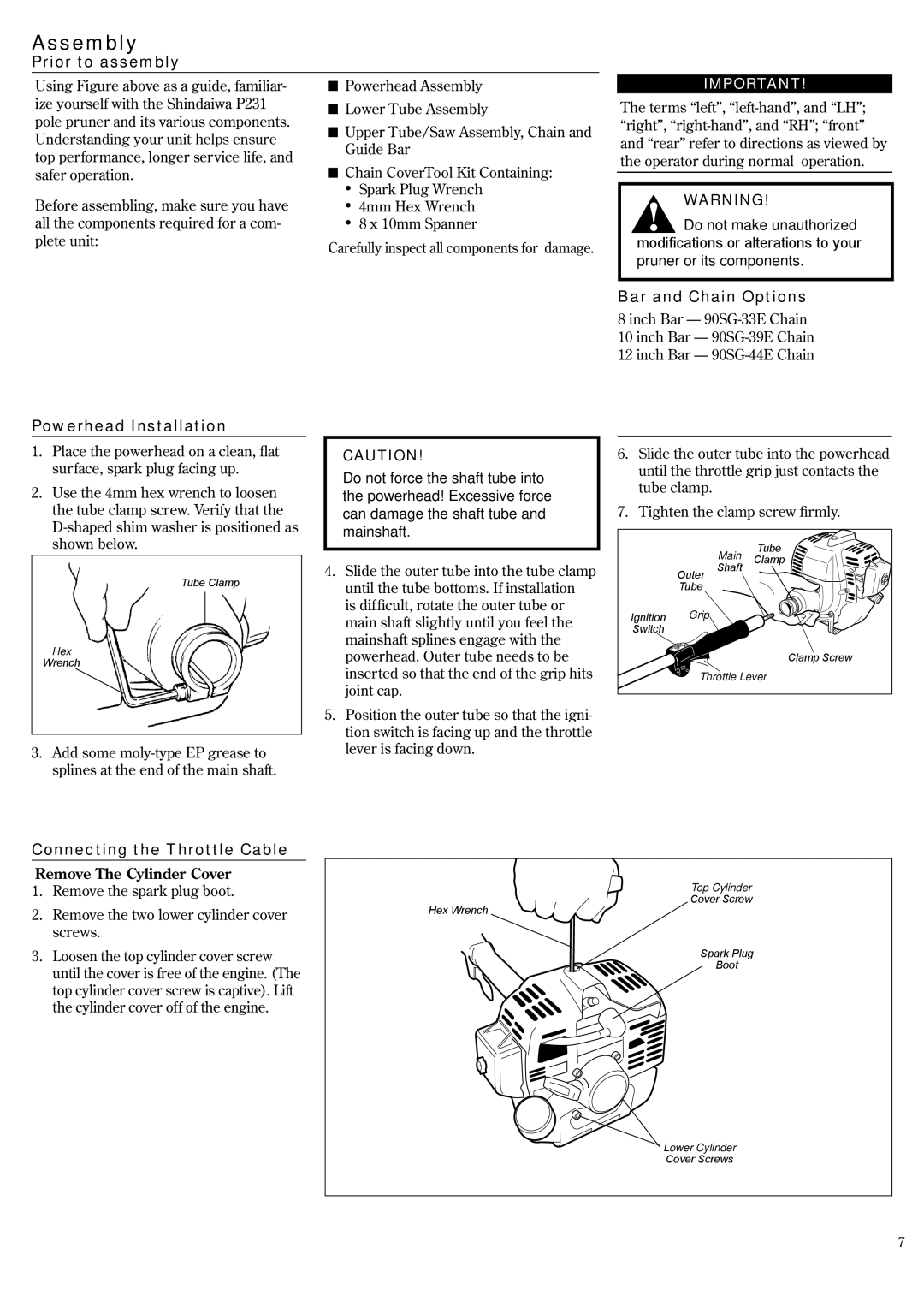 Shindaiwa P231 Assembly, Prior to assembly, Powerhead Installation, Bar and Chain Options, Connecting the Throttle Cable 