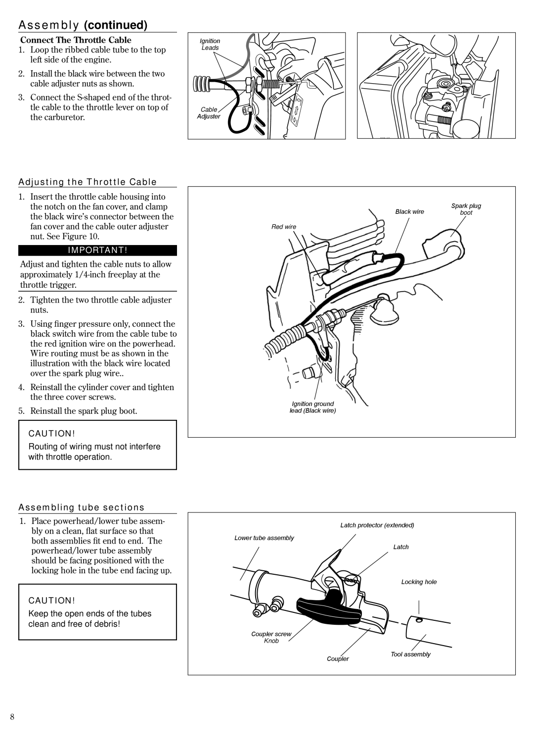 Shindaiwa 62888-94013, P231 manual Connect The Throttle Cable, Adjusting the Throttle Cable, Assembling tube sections 