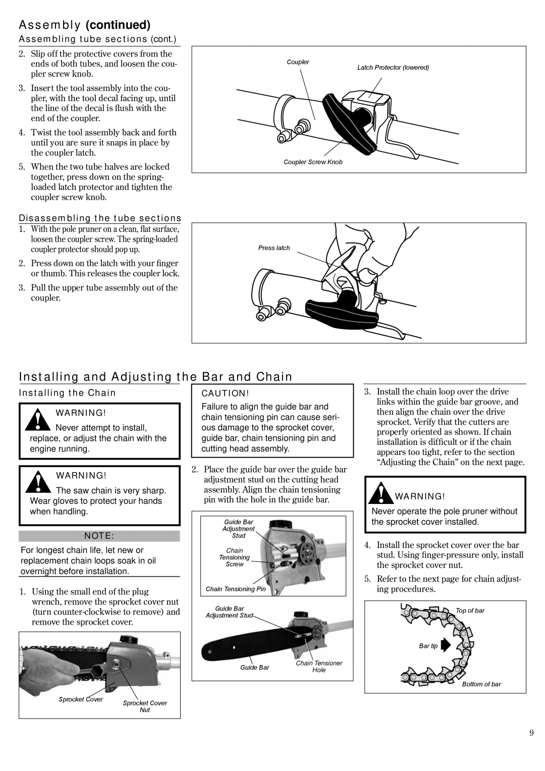 Shindaiwa P231 manual Installing and Adjusting the Bar and Chain, Disassembling the tube sections, Installing the Chain 