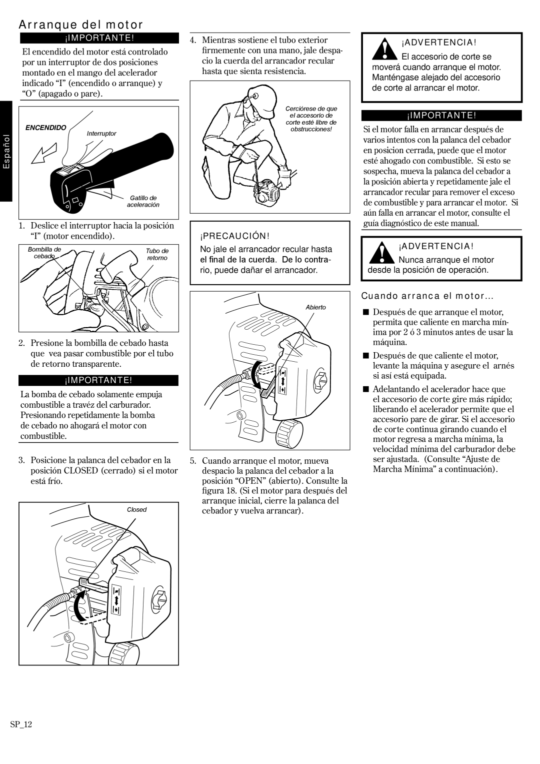 Shindaiwa 62888-94013, P231 manual Arranque del motor, Cuando arranca el motor…, ¡Importante, ¡Advertencia, ¡Precaución 
