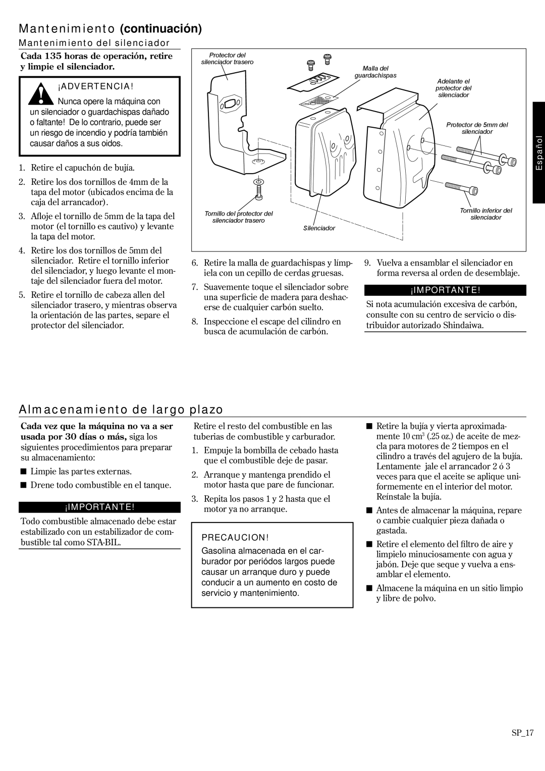 Shindaiwa P231 manual Almacenamiento de largo plazo, Mantenimiento del silenciador, Precaucion, Mantenimiento continuación 