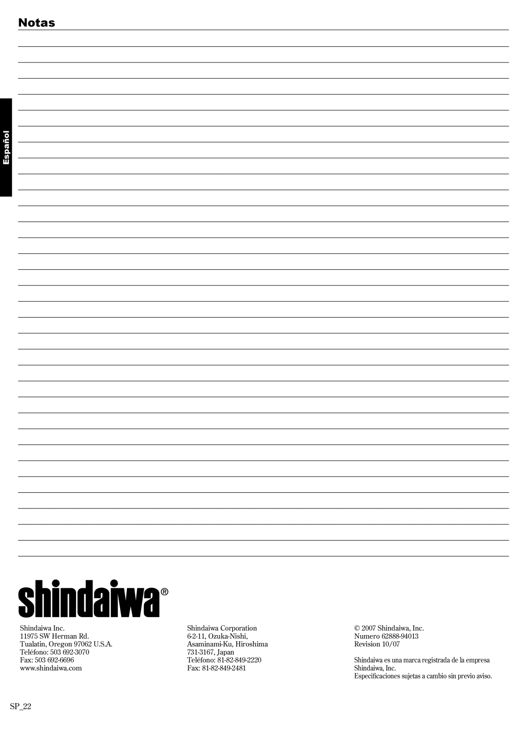 Shindaiwa 62888-94013, P231 manual Notas, Español, SP22 