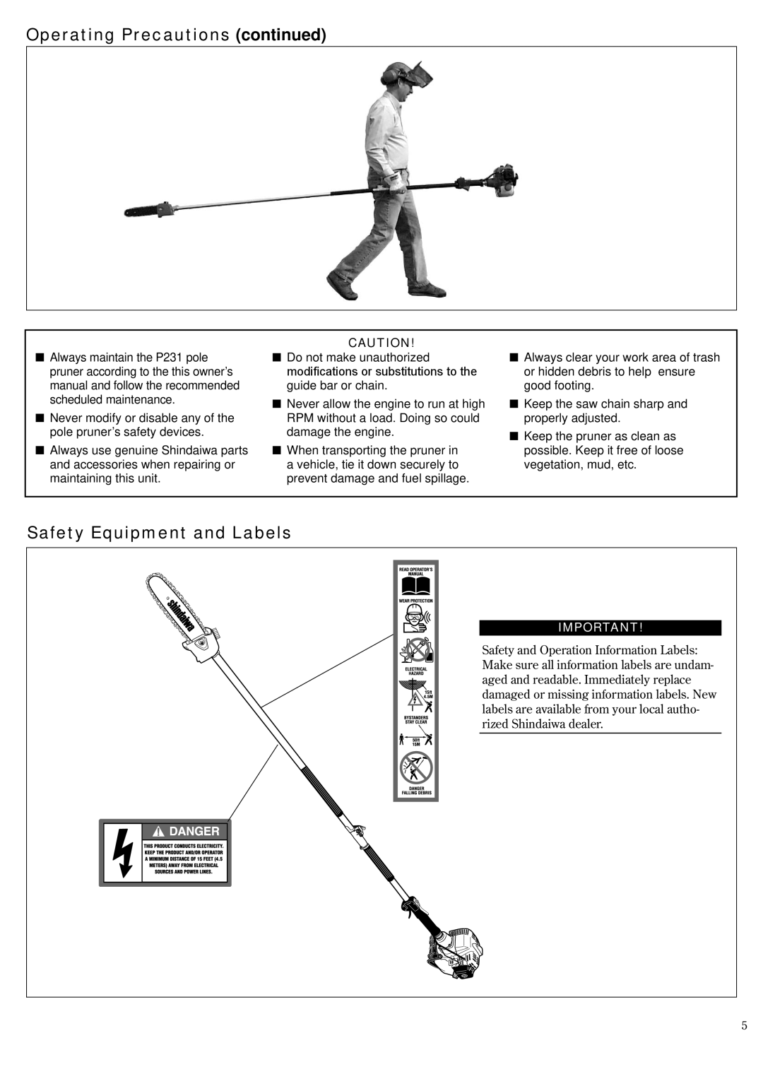 Shindaiwa P231, 62888-94013 manual Operating Precautions continued, Safety Equipment and Labels 