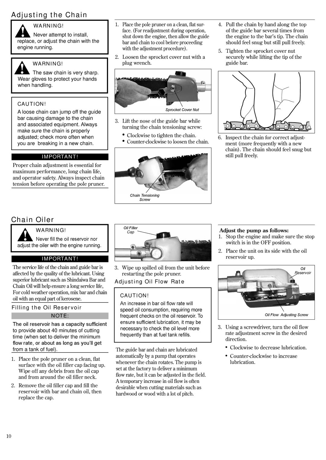 Shindaiwa 62891-94311 manual Adjusting the Chain, Chain Oiler, Filling the Oil Reservoir, Adjusting Oil Flow Rate 