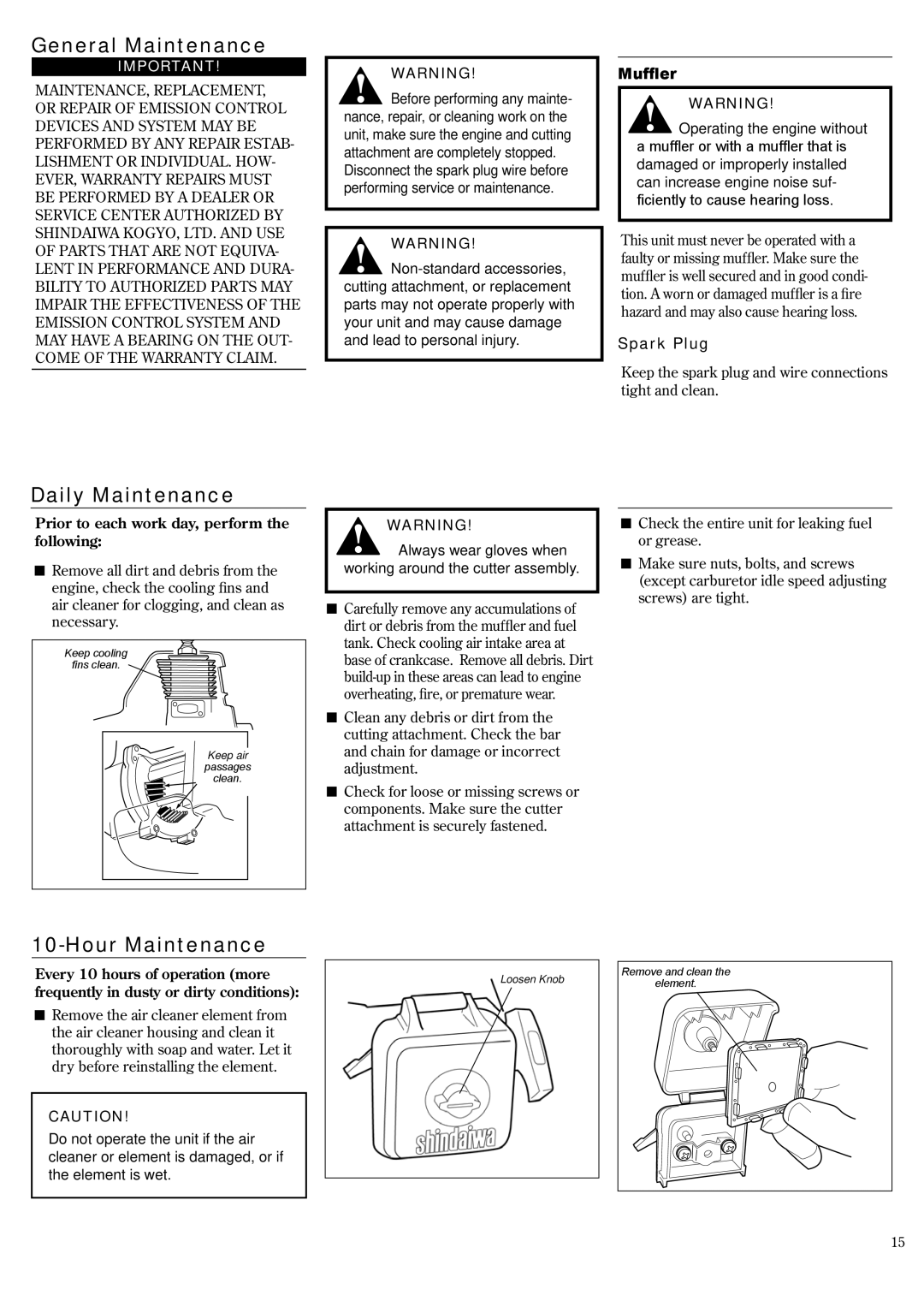 Shindaiwa 62891-94311 manual General Maintenance, Daily Maintenance, Hour Maintenance, Muffler, Spark Plug 