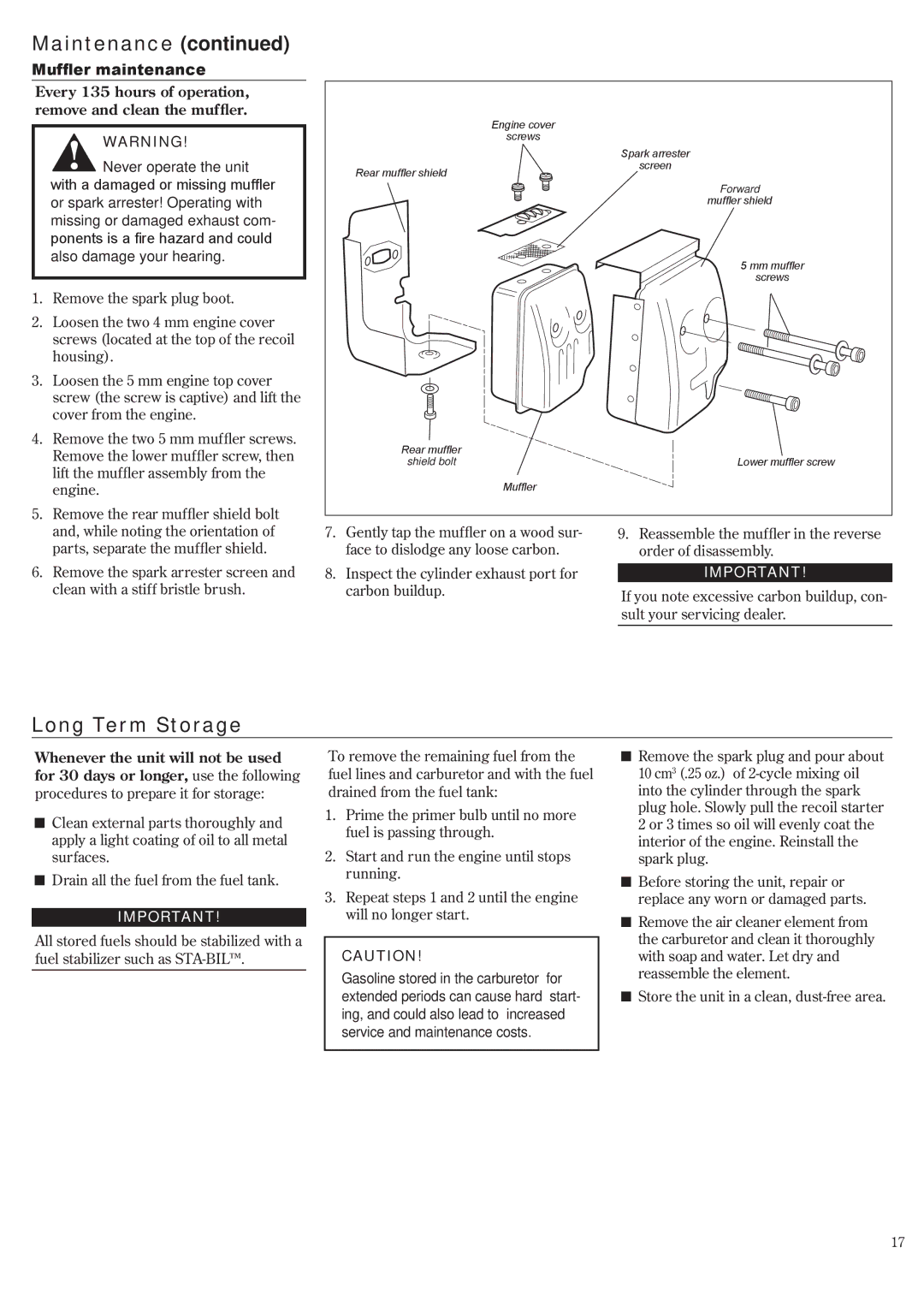 Shindaiwa 62891-94311 manual Maintenance, Long Term Storage, Muffler maintenance 