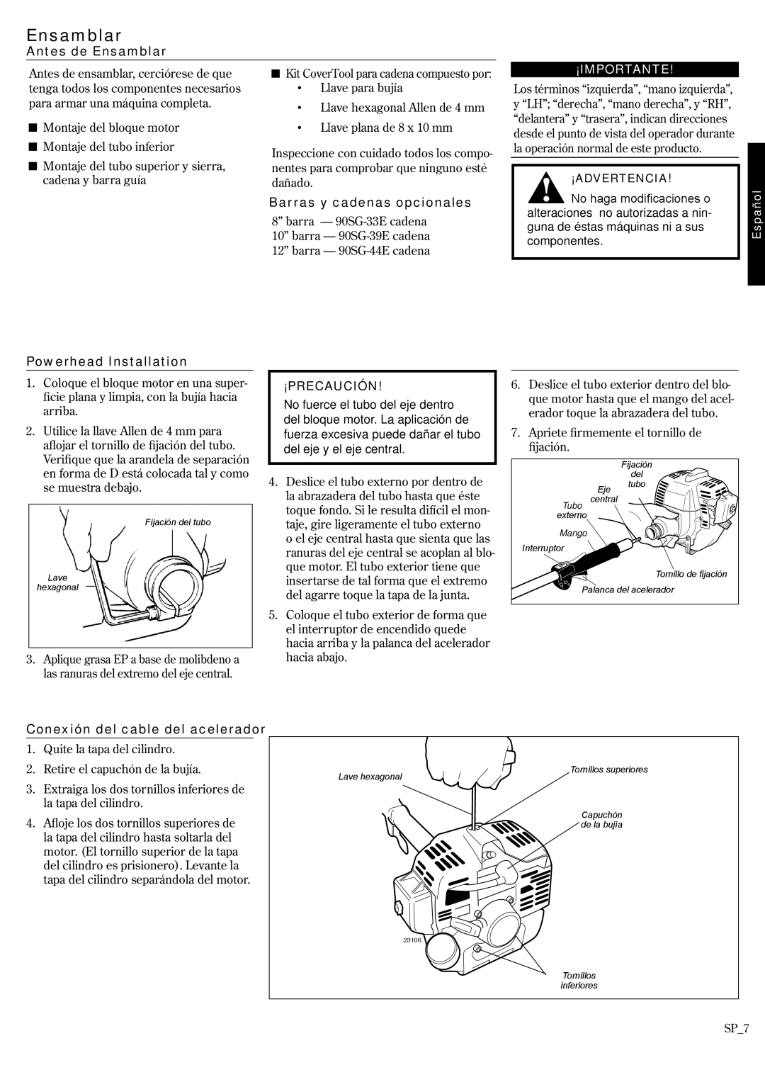 Shindaiwa 62891-94311 manual Antes de Ensamblar, Barras y cadenas opcionales, Conexión del cable del acelerador 