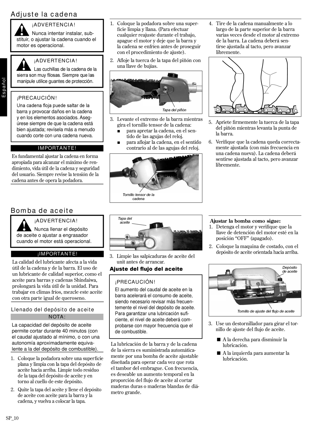 Shindaiwa 62891-94311 Adjuste la cadena, Bomba de aceite, Llenado del depósito de aceite, Ajuste del flujo del aceite 