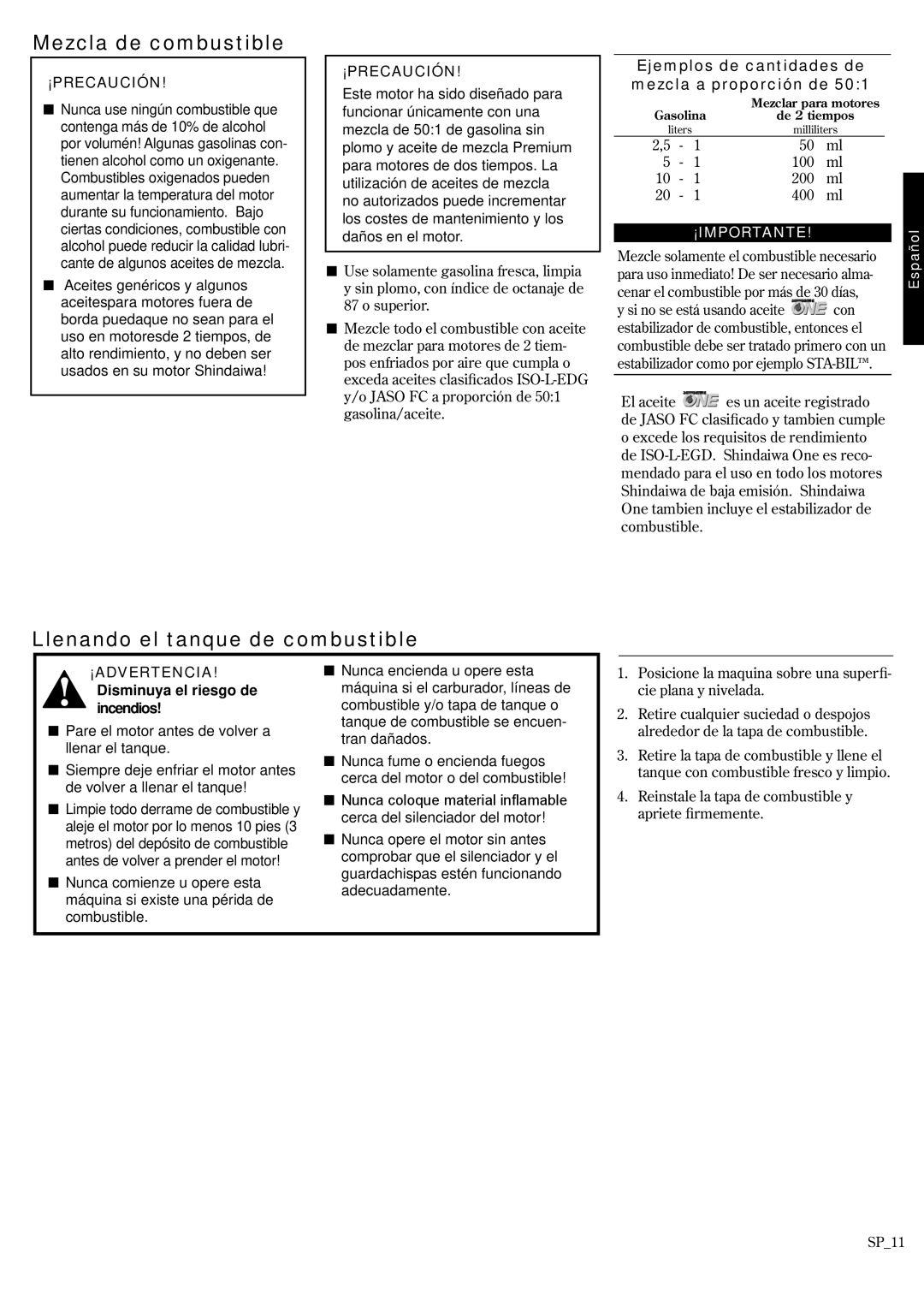 Shindaiwa 62891-94311 manual Mezcla de combustible, Llenando el tanque de combustible 