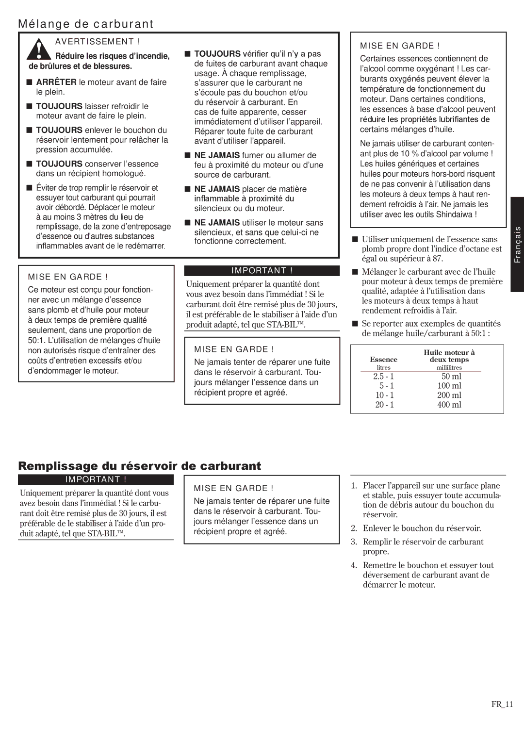 Shindaiwa 62891-94311 manual Mélange de carburant, Remplissage du réservoir de carburant 