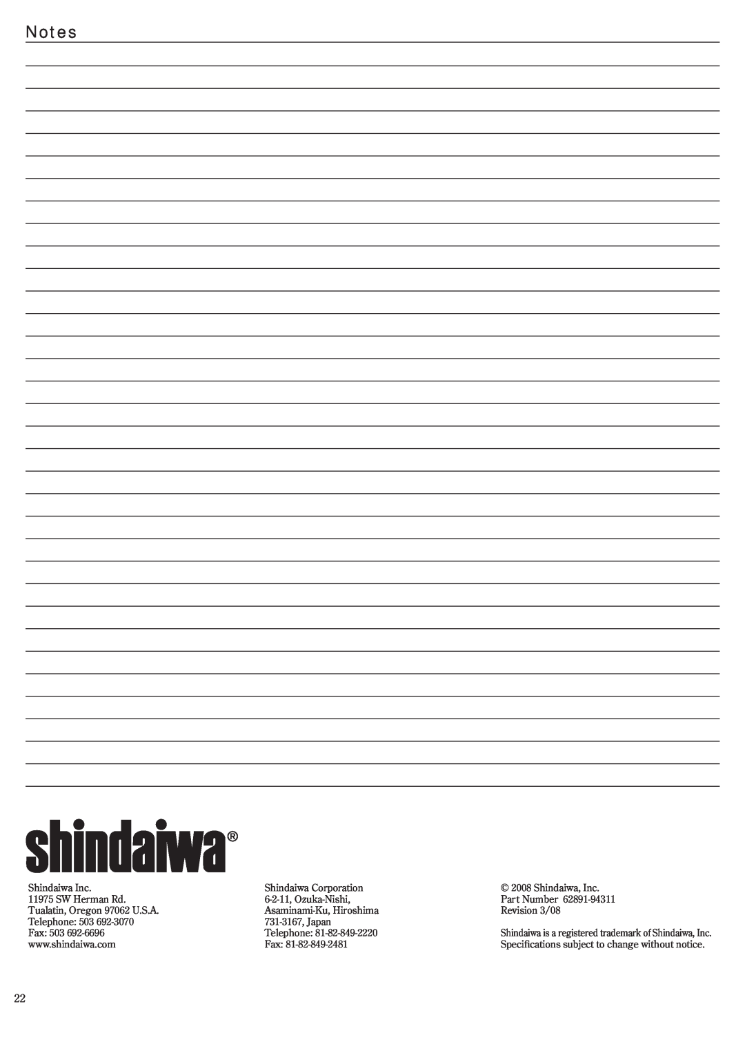 Shindaiwa 62891-94311 manual Shindaiwa Inc 