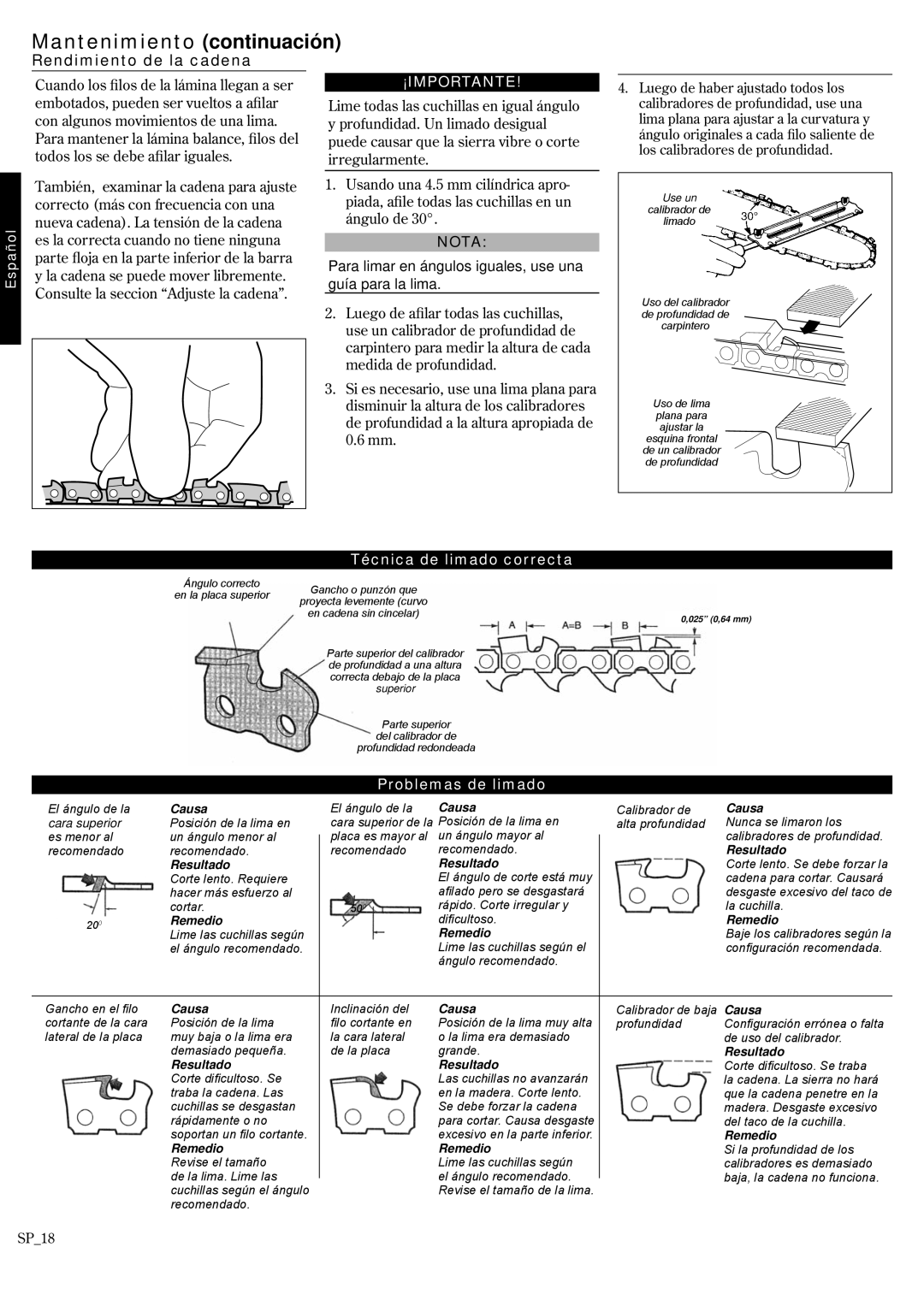 Shindaiwa 62891-94311 manual Rendimiento de la cadena, Técnica de limado correcta, Problemas de limado, ¡Importante, Nota 